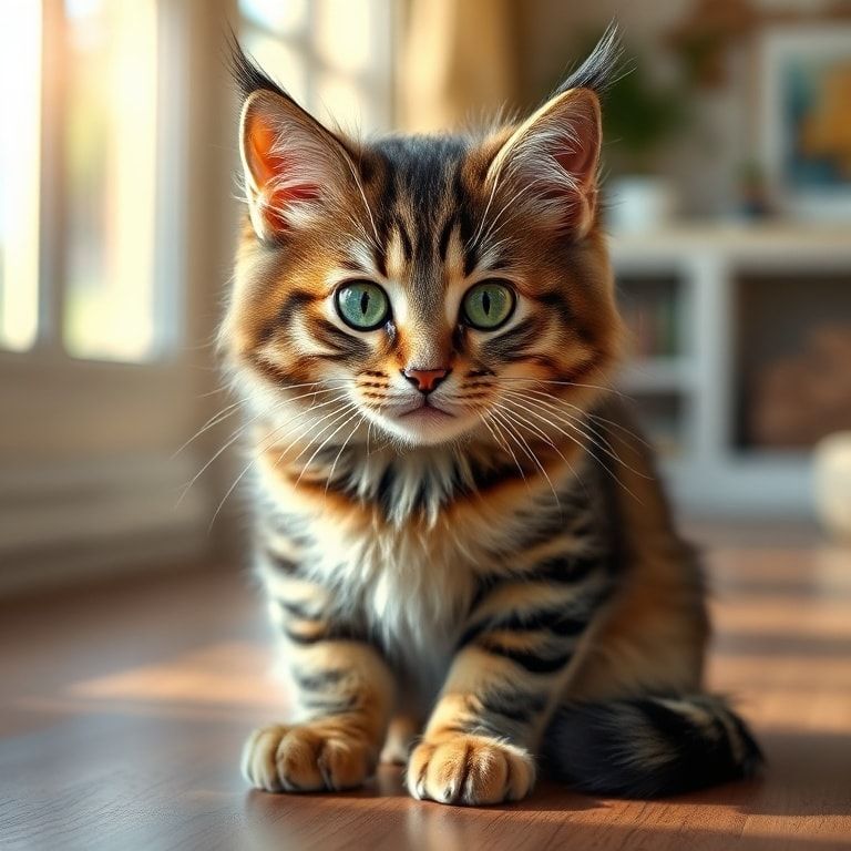 A cute fluffy tabby cat with bright green eyes, sitting on a soft wooden floor in a sunlit room, photorealistic style, high quality, warm lighting