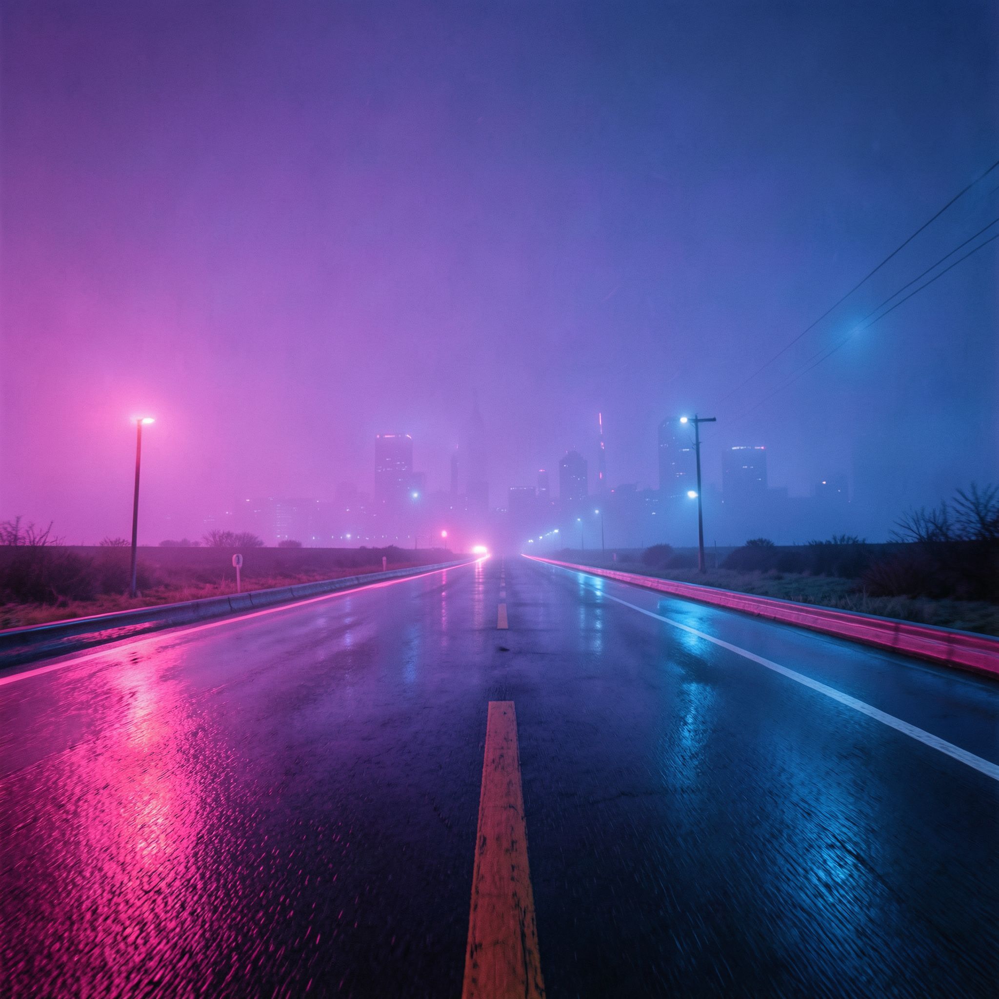 A cinematic synthwave scene at night: a long, empty futuristic road dominates the foreground, glowing with neon pink and electric blue light. Wet asphalt reflects the neon glow, creating strong symmetrical reflections and a sense of motion and depth. In the far distance, a futuristic city skyline is barely visible through thick violet-blue fog, reduced to soft silhouettes with no visible details. The focus is entirely on the road and atmosphere, not the buildings. The mood is lonely, epic, and retro-futuristic, inspired by synthwave aesthetics. 80s cyberpunk mood, neon haze, minimal city presence, wide-angle perspective, cinematic lighting, retro-futurism, ultra-detailed, high contrast, album cover, 4K, no text, no signs, no billboards, no letters, no symbols, no logos.