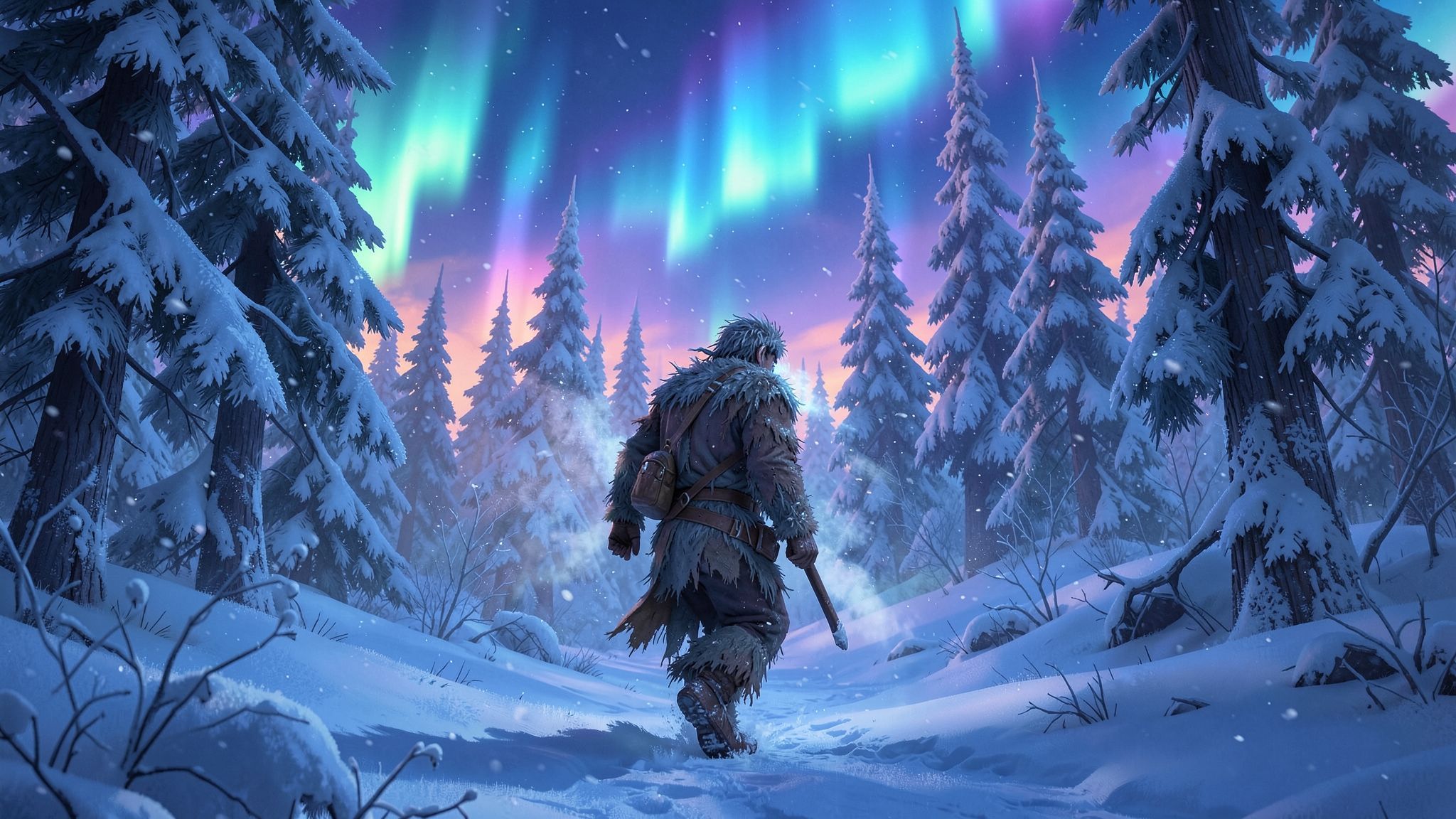 A lone frostbitten traveler in tattered furs trudges through a snow-laden forest at dusk, their breath visible in the crisp air, as ethereal auroras dance above towering ice-covered pines, casting ...