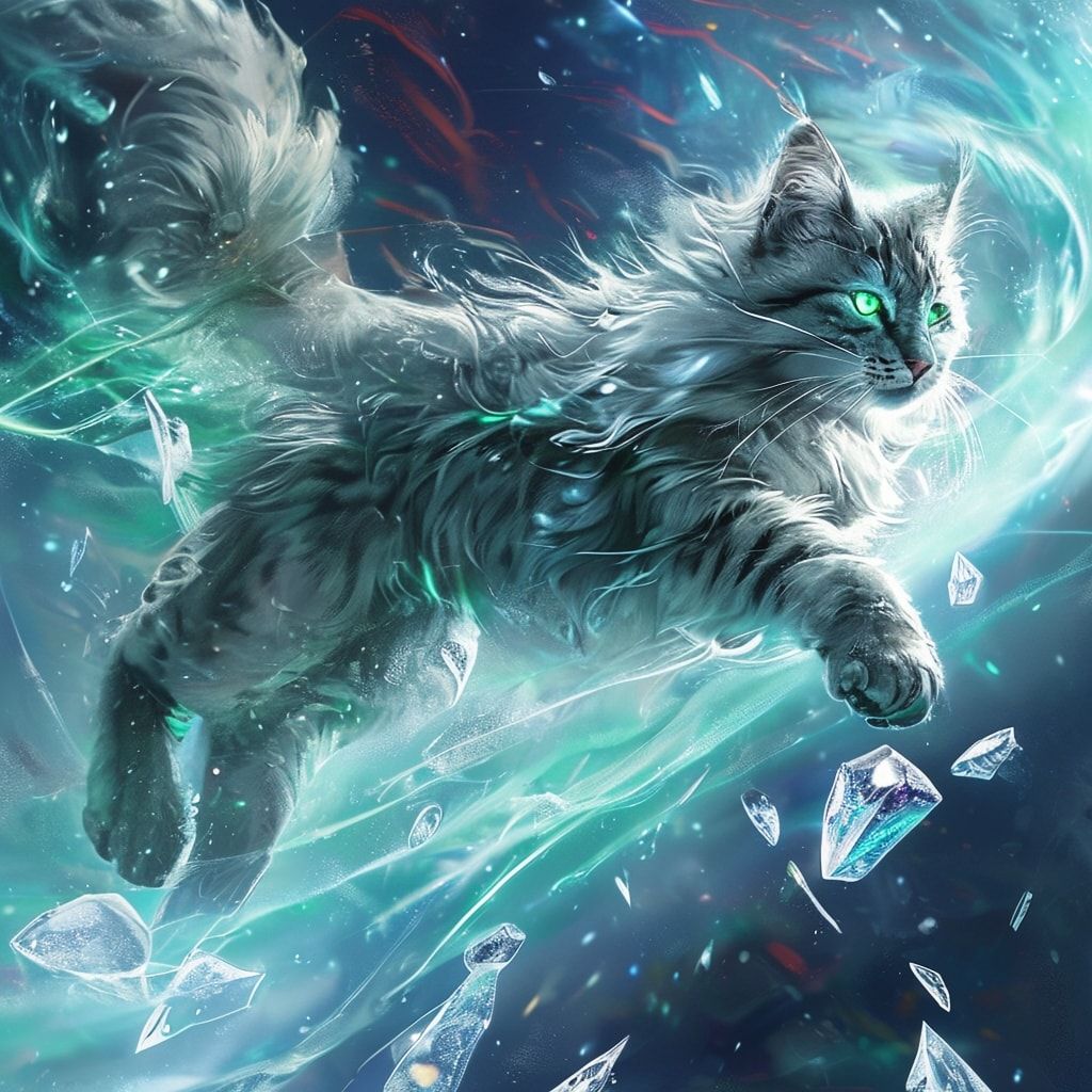 A majestic silver-furred feline with glowing emerald eyes leaps gracefully through a swirling aurora borealis, its tail trailing like a comet, surrounded by floating ice crystals and shimmering sno...