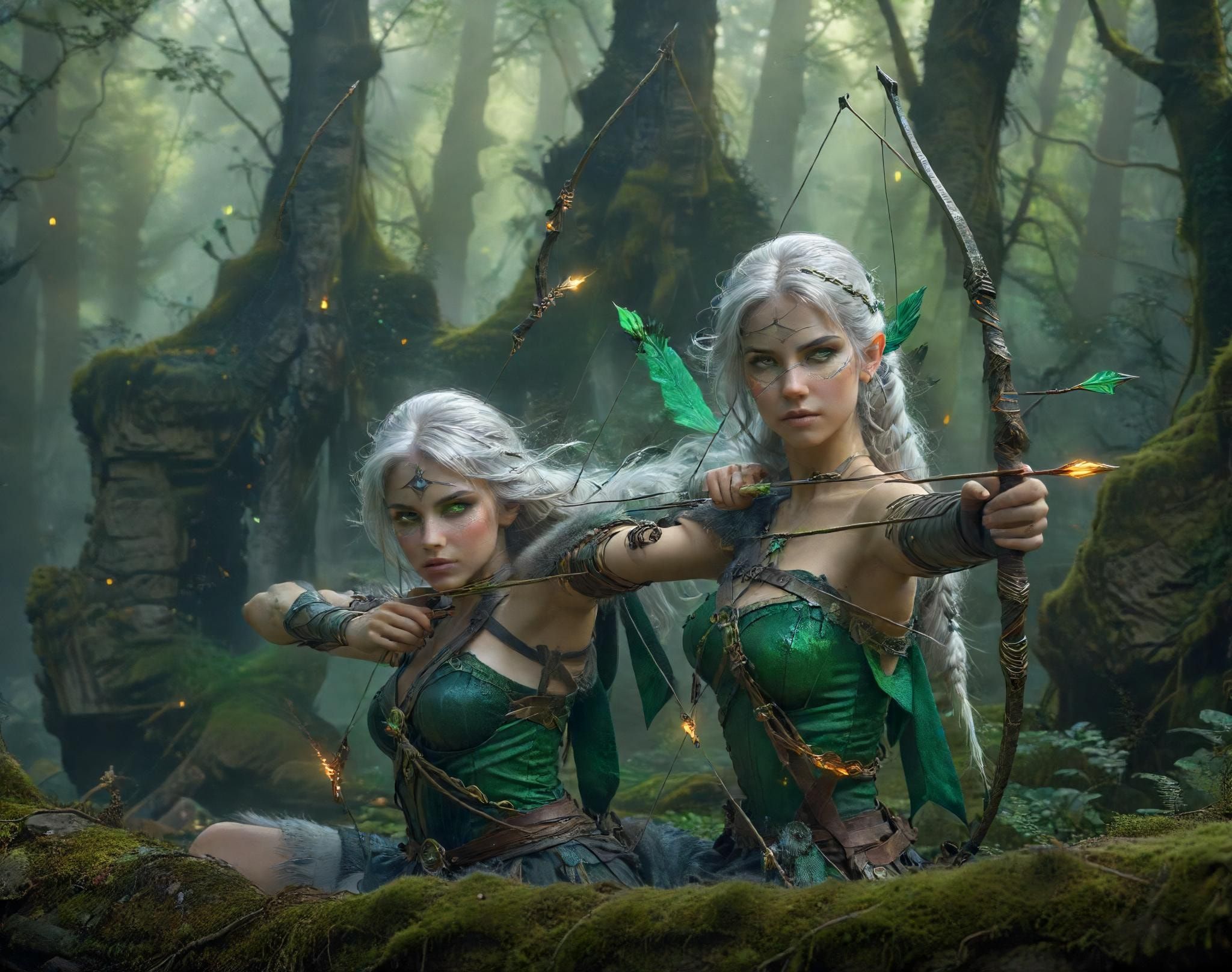 A lithe, silver-haired archer with emerald eyes draws her enchanted bow, arrow glowing with arcane energy, perched on a moss-covered ruin in an ancient forest. Mist swirls around her ankles as gold...