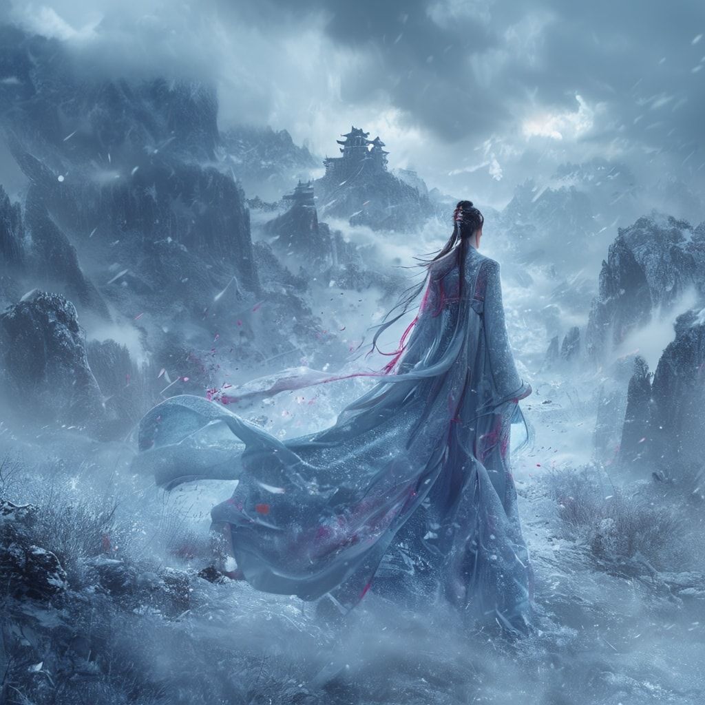 A cinematic fantasy scene inspired by ancient China: a graceful woman in an elegant, flowing Chinese fantasy robe stands alone in an icy valley. Frost and snow cover the ground, shimmering in cold blue light. In the distance, a majestic ancient Chinese castle rises through the mist, surrounded by towering snow-covered mountains. Winter wind moves her long hair and silk fabric, creating a sense of destiny and timeless power. The atmosphere is epic, mystical, and emotional, like a high-budget fantasy movie. Ultra-detailed, cinematic lighting, wide-angle shot, cold color palette, dramatic clouds, ethereal mood, 4K, film still, fantasy realism.