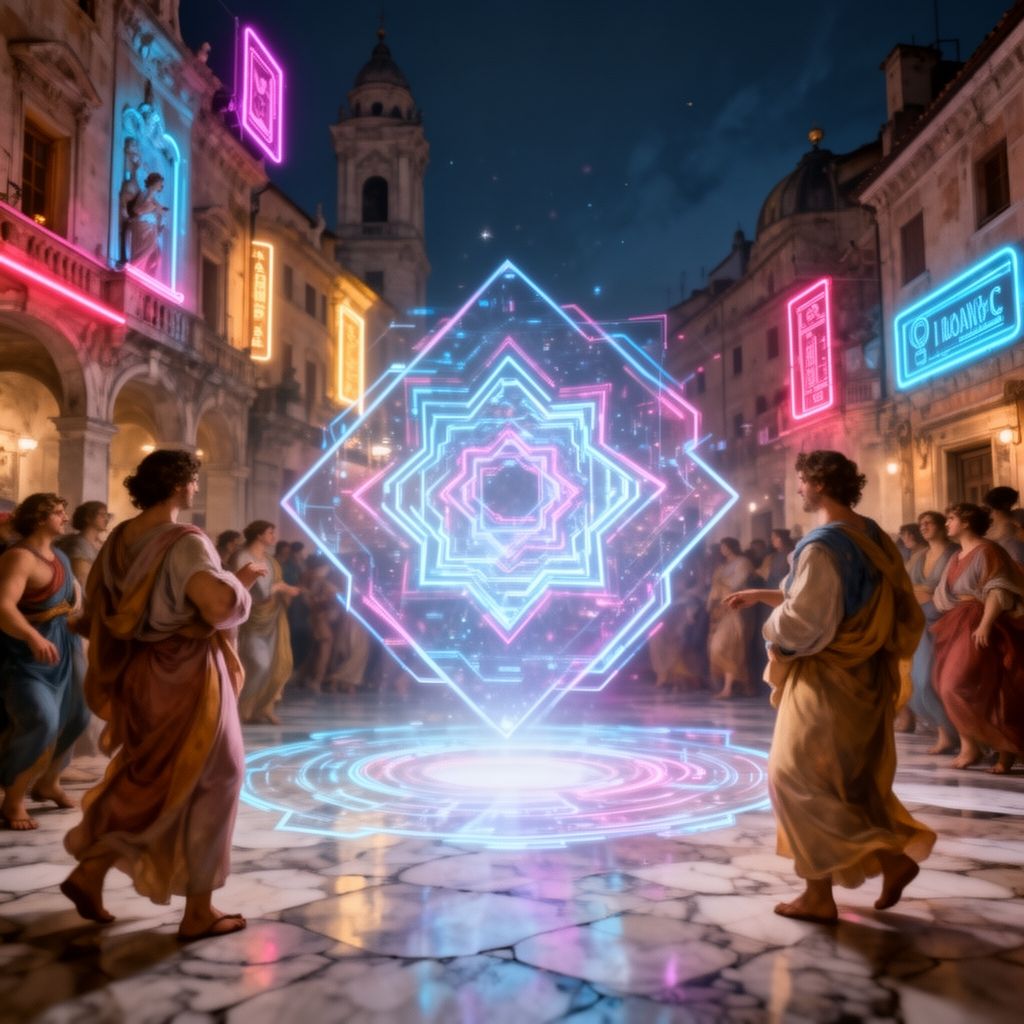 A holographic interface glows in the heart of a neon-lit Renaissance city, its intricate geometric patterns casting ethereal light on marble streets, while classical figures in flowing robes observ...