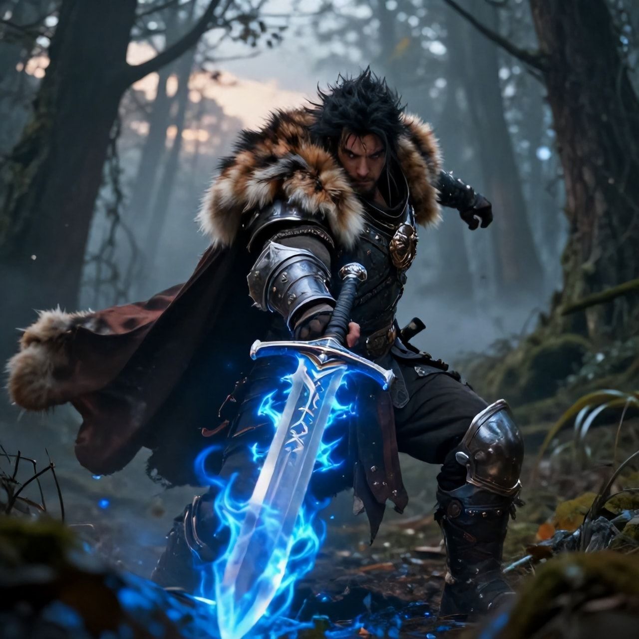 A battle-worn fantasy warrior, clad in tattered fur and enchanted steel, stands amidst a mist-shrouded forest at dusk, his sword glowing with ethereal blue flames as he faces an unseen foe, surroun...