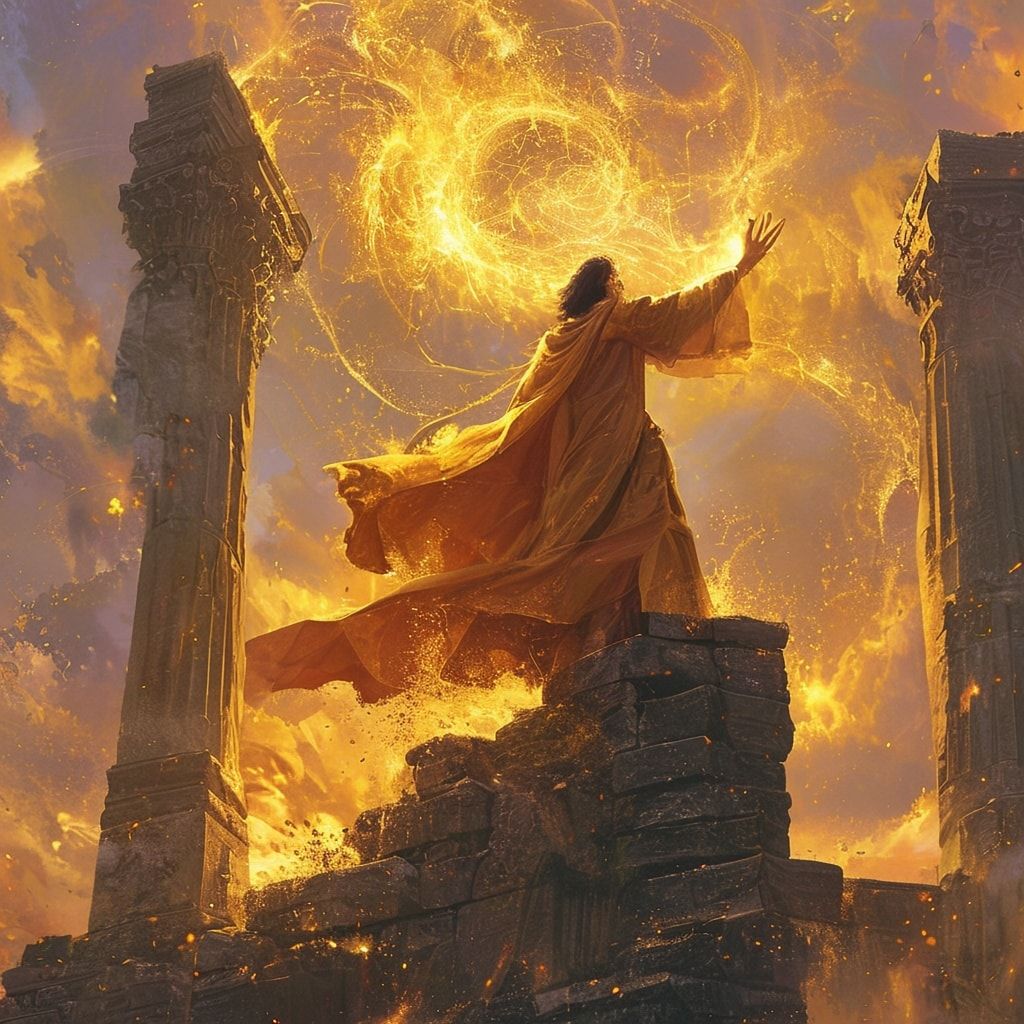 A majestic wizard in flowing robes stands atop crumbling stone ruins, hands glowing with arcane energy as he casts a swirling spell into the golden hour sky. The ancient pillars frame the scene, ba...
