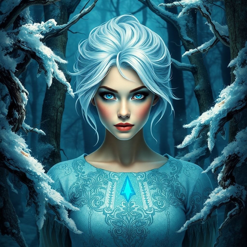 mystical young woman with silver hair and glowing blue eyes stands amidst an ancient, snow-laden forest