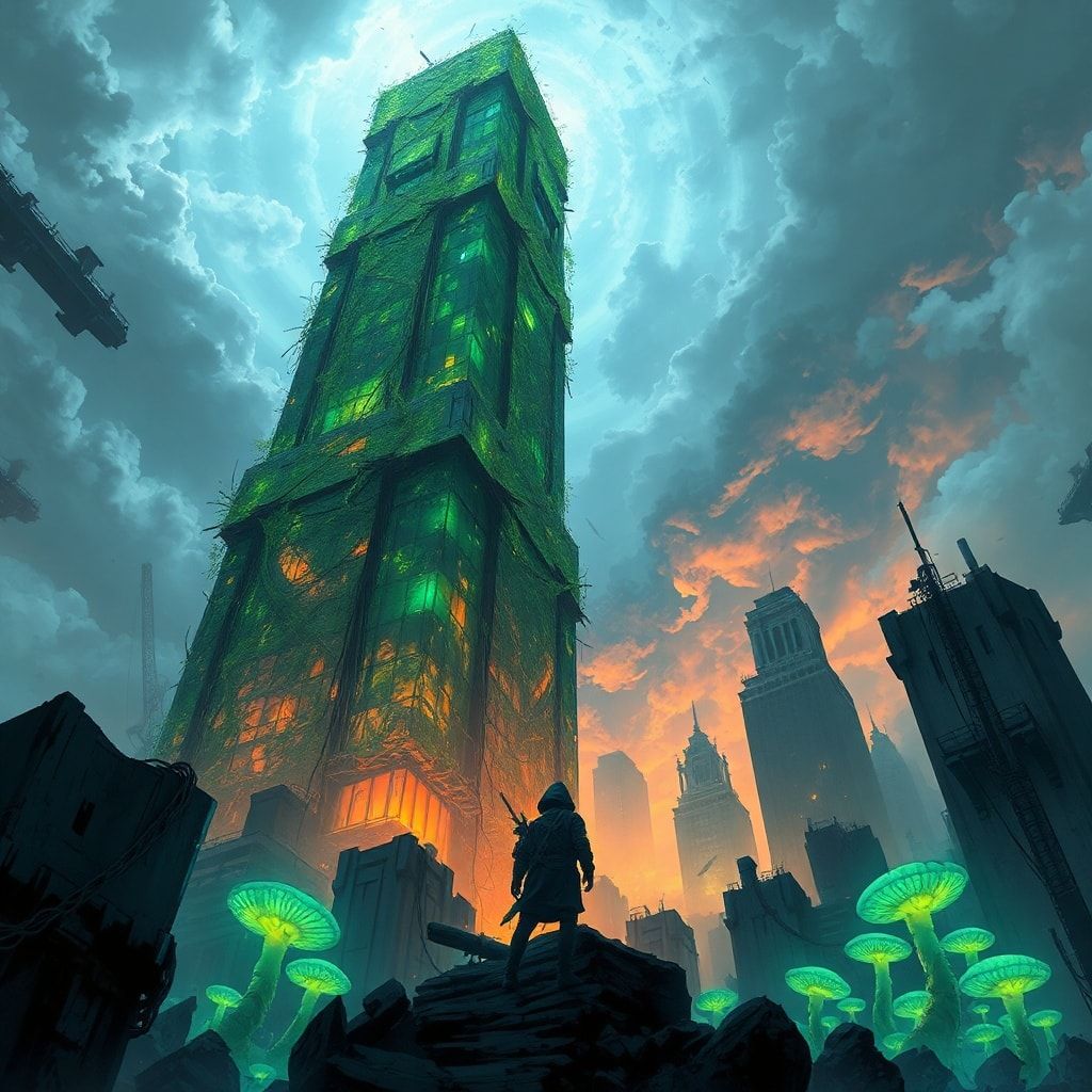 A towering, vine-choked skyscraper looms over a fractured metropolis, its glass panes shattered like dragon scales, while bioluminescent fungi pulse in the ruins below. A lone, hooded figure stands...