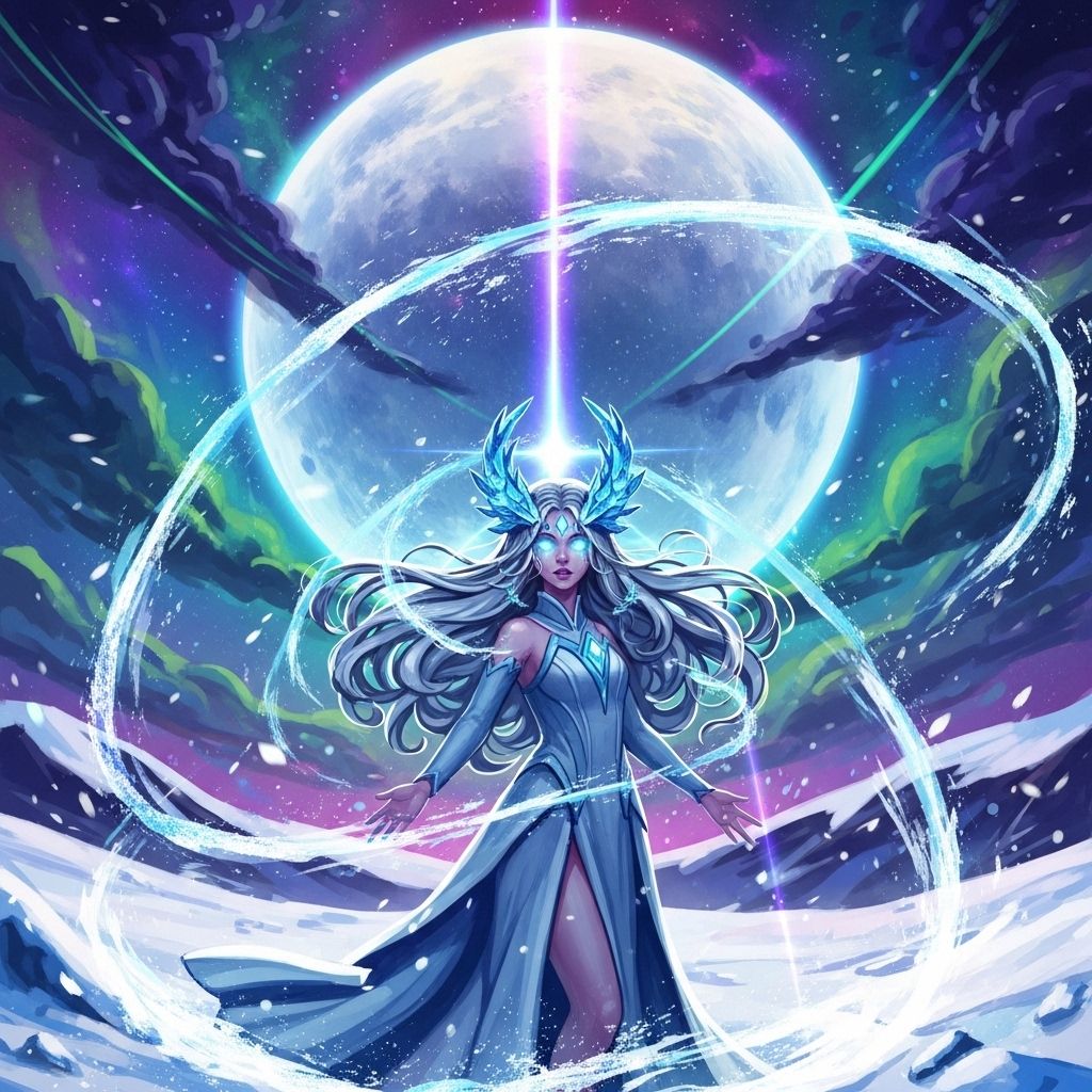 An ethereal maiden with porcelain skin and cascading silver hair stands in a vast, snow-laden valley under a celestial moon, her eyes glowing with arcane wisdom as frost crystals swirl around her, ...