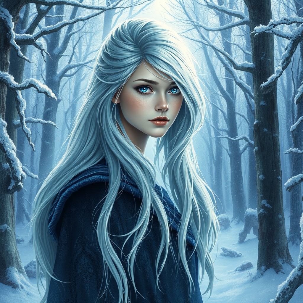 mystical young woman with silver hair and glowing blue eyes stands amidst an ancient, snow-laden forest