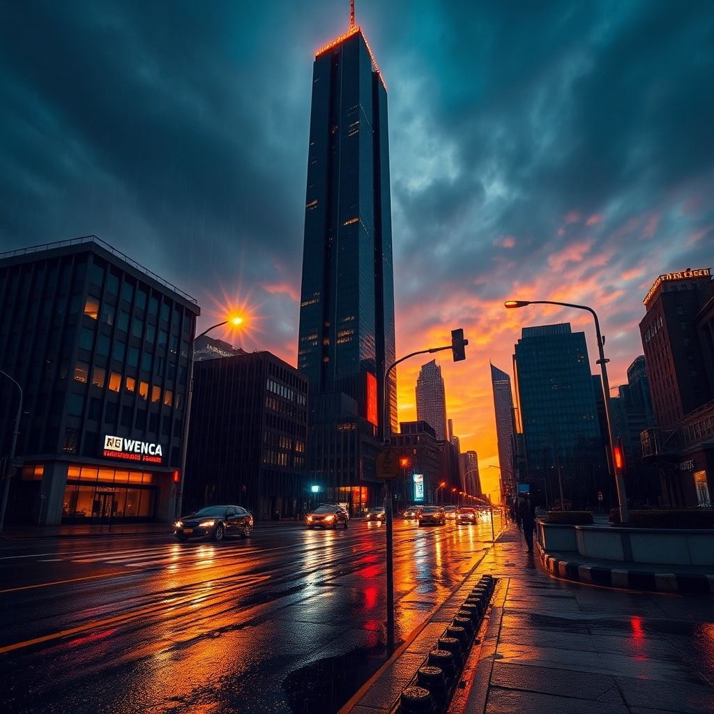 A towering skyscraper looms over a rain-slicked city at golden hour, its neon-lit windows casting jagged reflections on wet pavement, bathed in high-contrast noir lighting with deep shadows and a s...