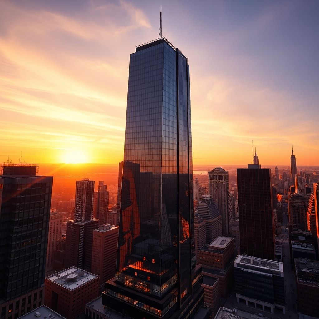 A towering skyscraper pierces the twilight sky at golden hour, its glass facade reflecting molten amber and deep violet hues, bathed in warm, diffused sunlight casting long shadows across the urban...