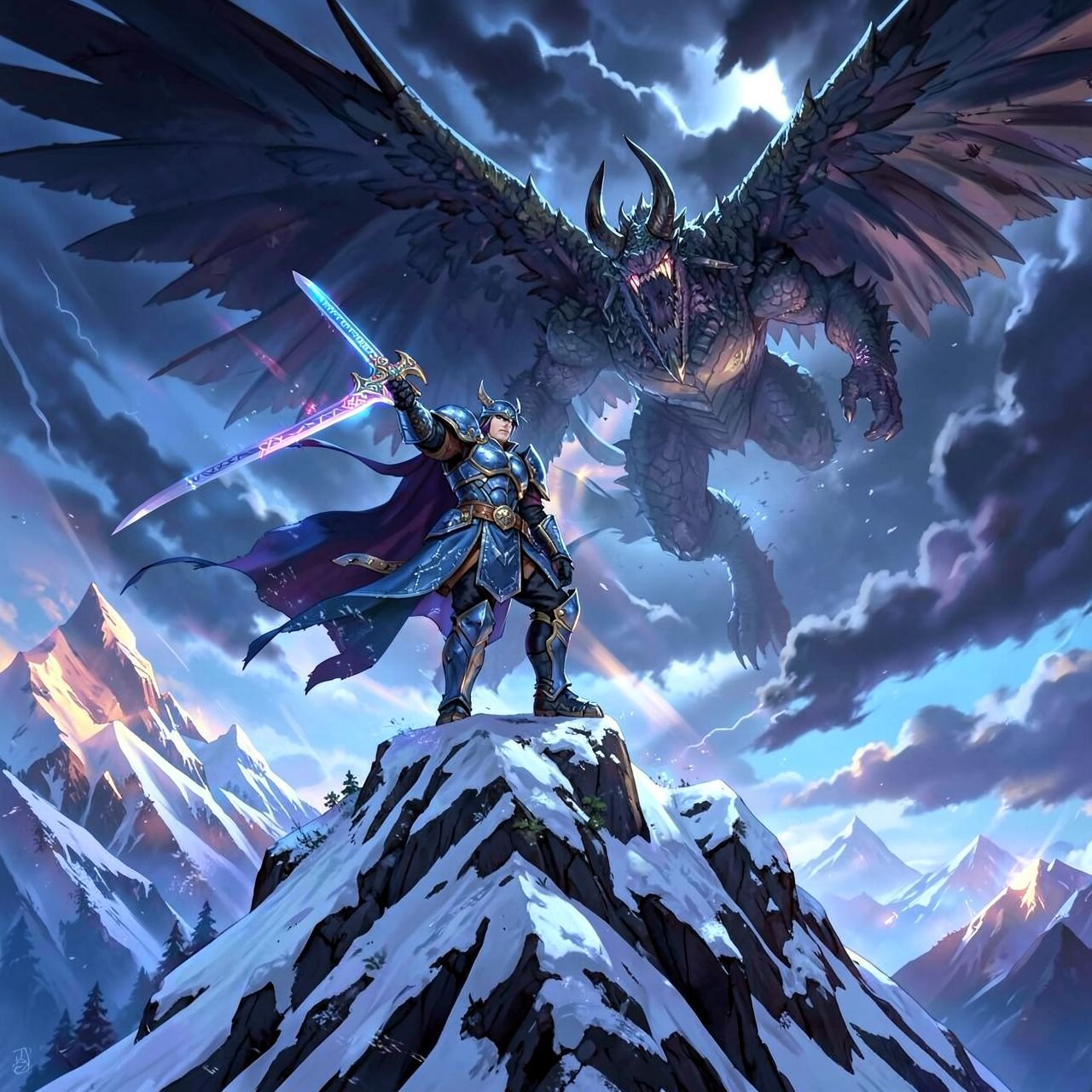 A towering, armored warrior stands atop a snow-capped peak, wielding a glowing rune-etched blade as a colossal, scaled beast descends from storm-wracked skies, its wings casting jagged shadows over...