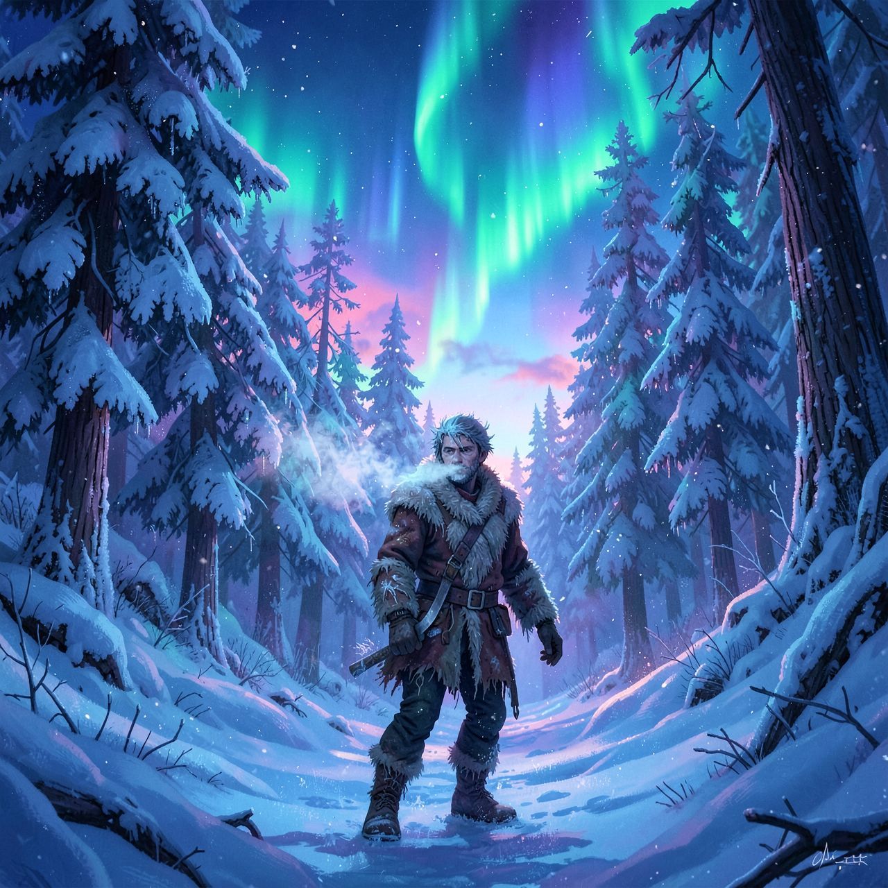 A lone frostbitten traveler in tattered furs trudges through a snow-laden forest at dusk, their breath visible in the crisp air, as ethereal auroras dance above towering ice-covered pines, casting ...