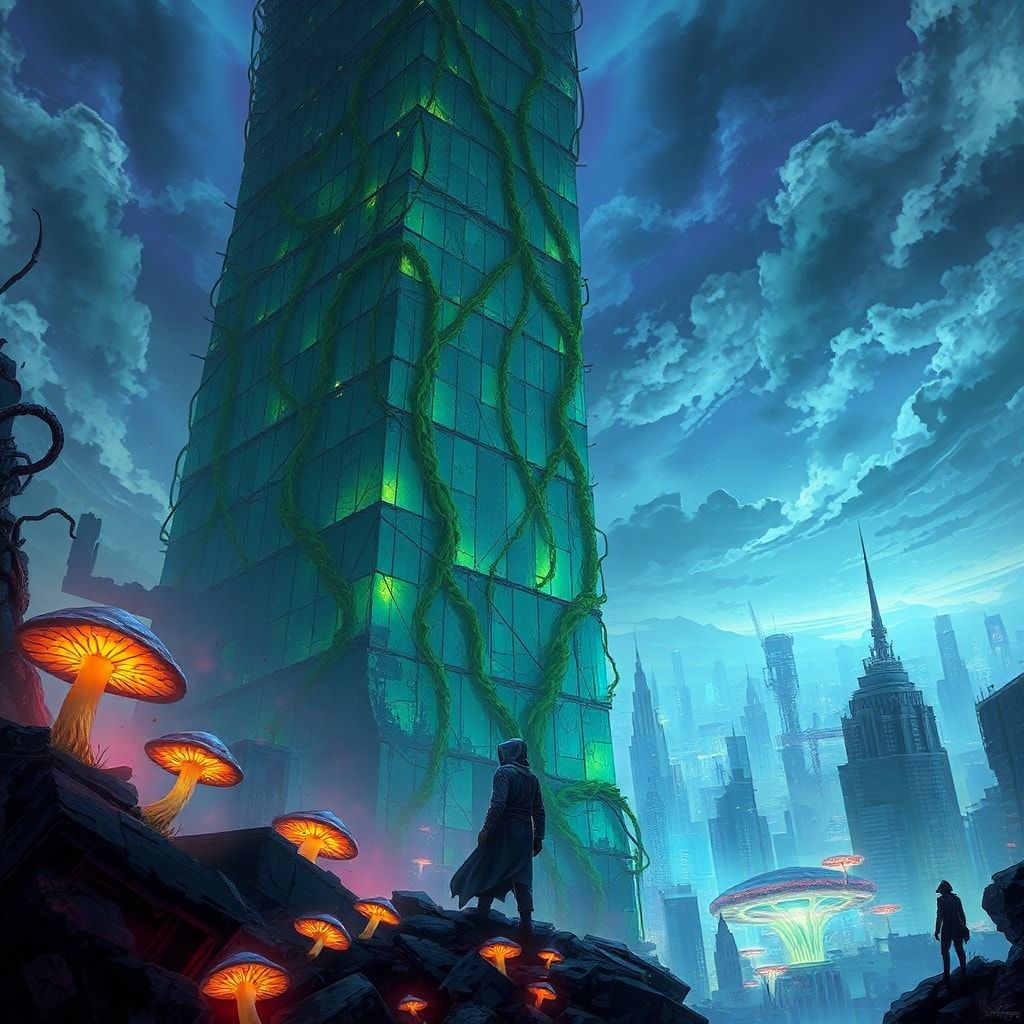 A towering, vine-choked skyscraper looms over a fractured metropolis, its glass panes shattered like dragon scales, while bioluminescent fungi pulse in the ruins below. A lone, hooded figure stands...