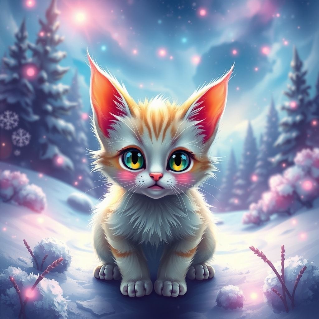 fantasy kitty with magical winter background