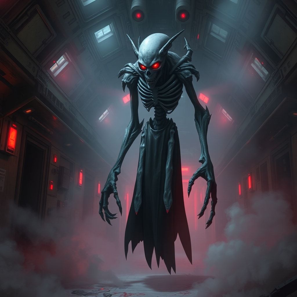 A towering, otherworldly figure with elongated limbs and a skeletal face, Dalik strides through the eerie, fog-shrouded corridors of a derelict spaceship, his glowing red eyes scanning the shadows....