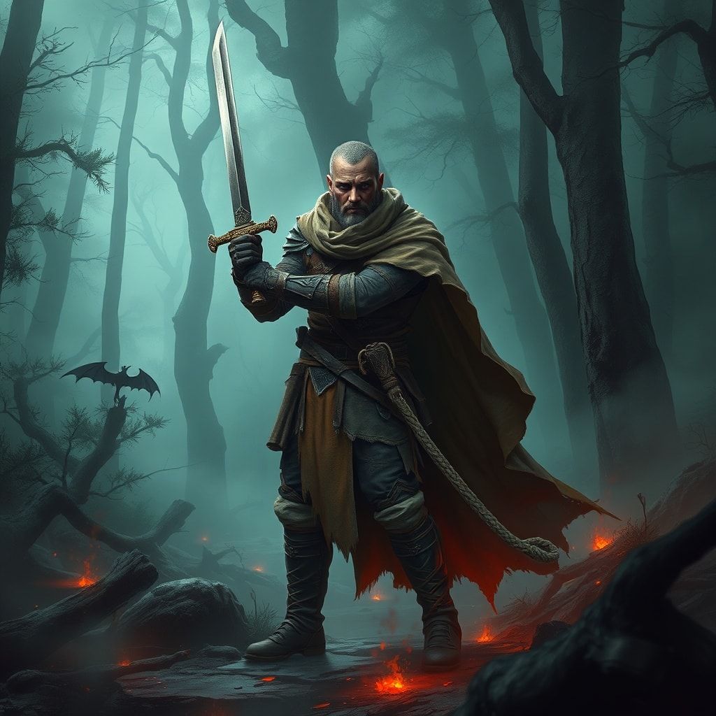 A lone fantasy warrior, clad in weathered leather armor and a tattered cloak, stands amidst a dense, mist-shrouded forest, his sword drawn, ready for battle. The forest is alive with eerie, glowing...