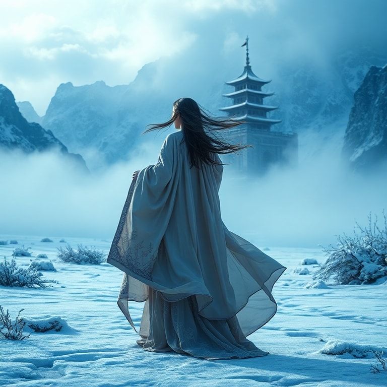 A cinematic fantasy scene inspired by ancient China: a graceful woman in an elegant, flowing Chinese fantasy robe stands alone in an icy valley. Frost and snow cover the ground, shimmering in cold blue light. In the distance, a majestic ancient Chinese castle rises through the mist, surrounded by towering snow-covered mountains. Winter wind moves her long hair and silk fabric, creating a sense of destiny and timeless power. The atmosphere is epic, mystical, and emotional, like a high-budget fantasy movie. Ultra-detailed, cinematic lighting, wide-angle shot, cold color palette, dramatic clouds, ethereal mood, 4K, film still, fantasy realism.