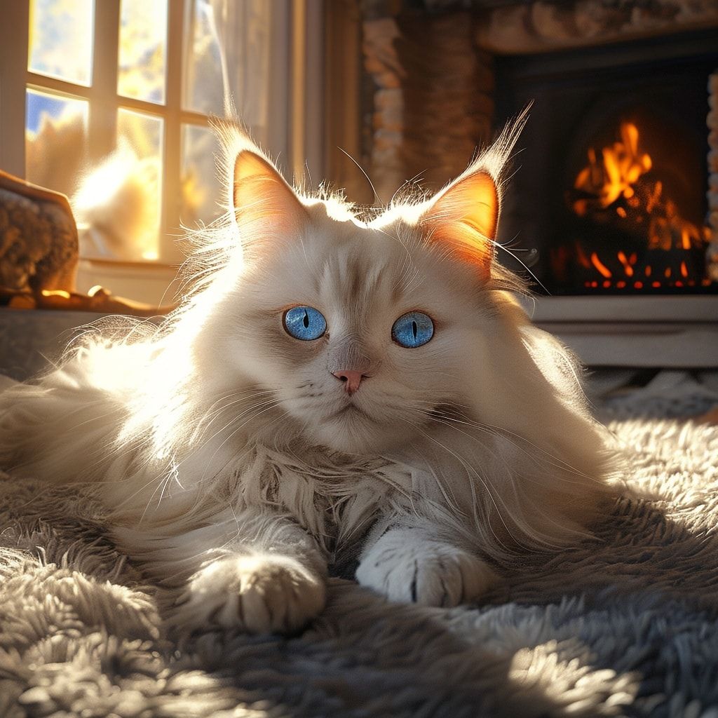 A cute, fluffy long-haired white cat with bright blue eyes, lying on a soft gray carpet in a cozy living room with a warm fireplace in the background. Bathed in warm golden hour sunlight streaming through a nearby window. Highly detailed photorealistic style, serene and cozy atmosphere, 1024x1024 pixels
