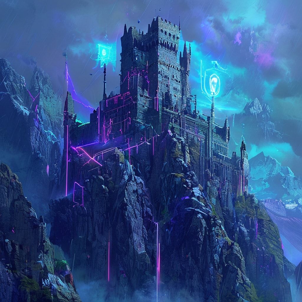 A towering medieval castle perched on a jagged mountain peak, its ancient stone walls fused with neon-lit cybernetic scaffolding, glowing holographic banners fluttering in the stormy wind. Below, a...