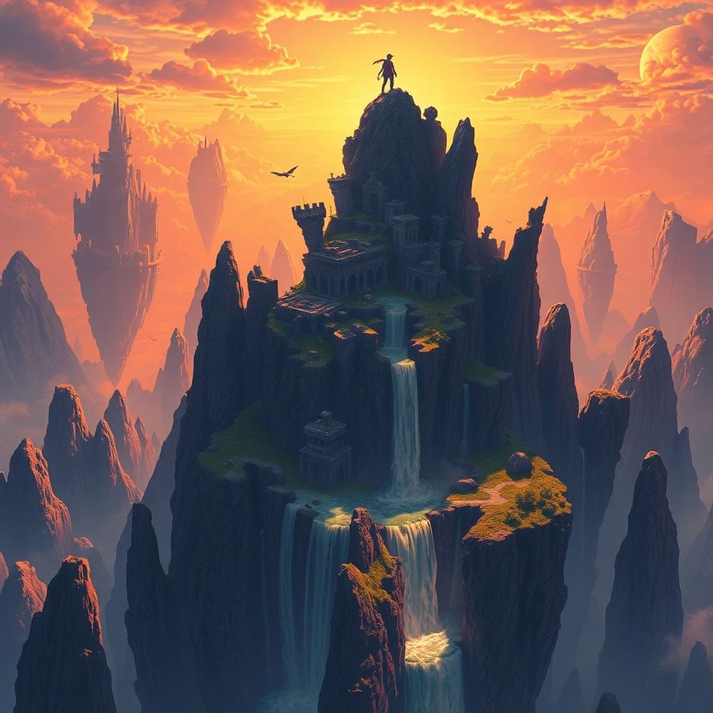 A vast expanse of floating islands drifts through a golden twilight sky, their jagged cliffs adorned with ancient ruins and cascading waterfalls. A lone adventurer stands atop the highest peak, sil...
