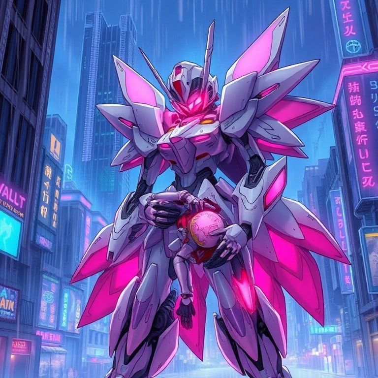 A delicate shoujo manga-style mecha with flowing, petal-like armor stands amidst a rain-soaked neon city, its glowing pink eyes reflecting shattered skyscrapers as it cradles a wounded enemy pilot ...