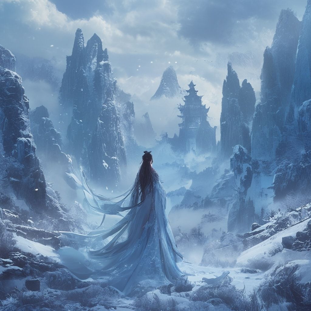 A cinematic fantasy scene inspired by ancient China: a graceful woman in an elegant, flowing Chinese fantasy robe stands alone in an icy valley. Frost and snow cover the ground, shimmering in cold blue light. In the distance, a majestic ancient Chinese castle rises through the mist, surrounded by towering snow-covered mountains. Winter wind moves her long hair and silk fabric, creating a sense of destiny and timeless power. The atmosphere is epic, mystical, and emotional, like a high-budget fantasy movie. Ultra-detailed, cinematic lighting, wide-angle shot, cold color palette, dramatic clouds, ethereal mood, 4K, film still, fantasy realism.
