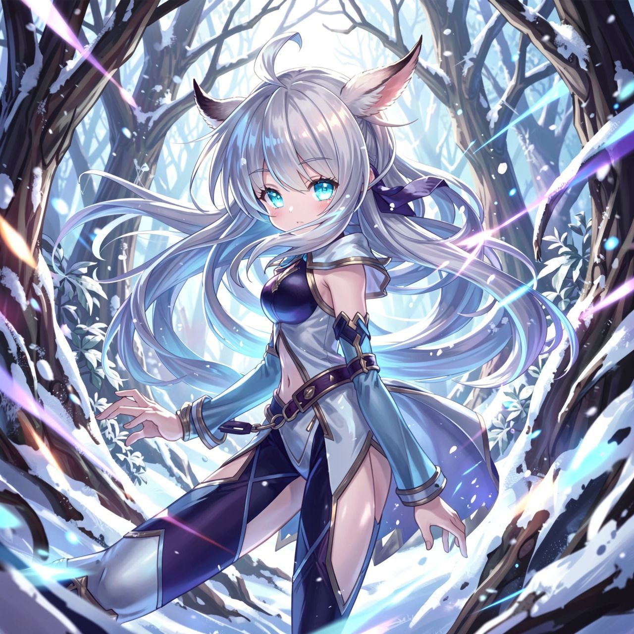 mystical young woman with silver hair and glowing blue eyes stands amidst an ancient, snow-laden forest