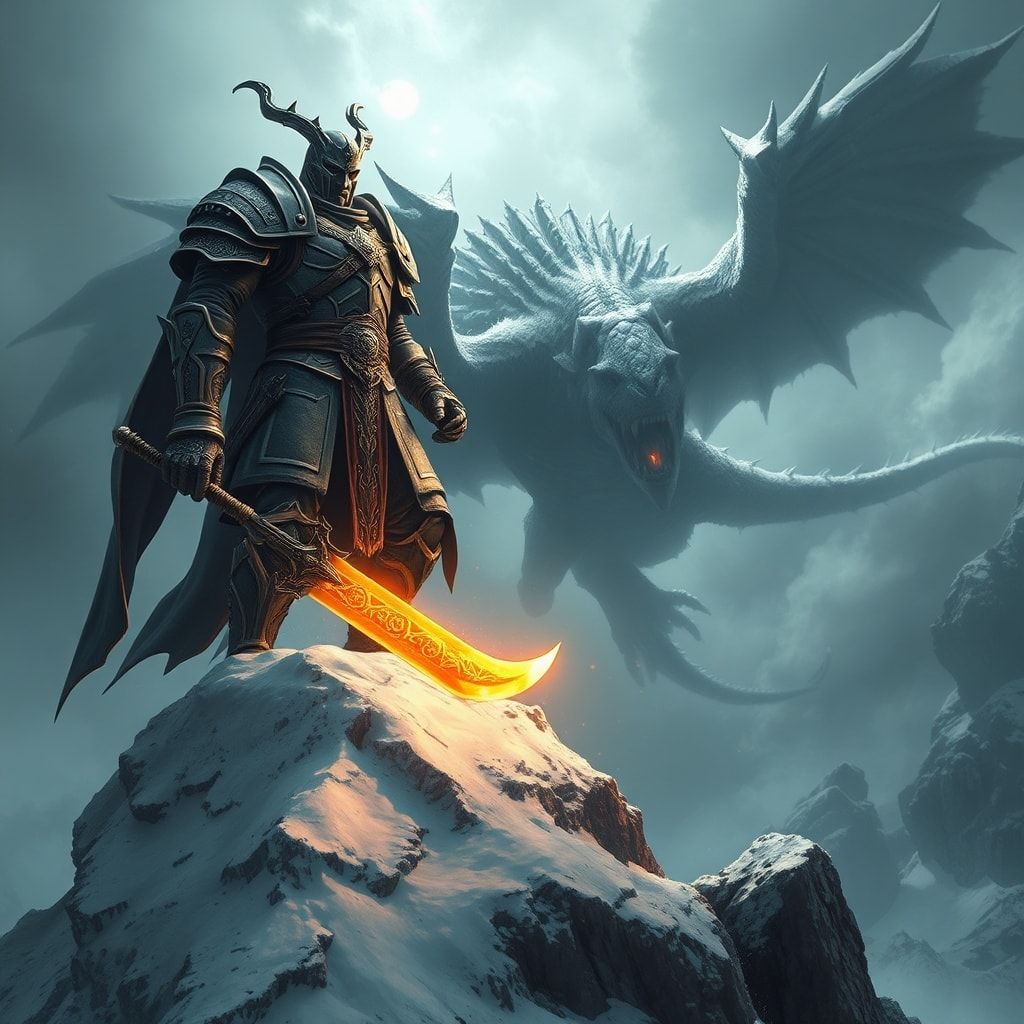 A towering, armored warrior stands atop a snow-capped peak, wielding a glowing rune-etched blade as a colossal, scaled beast descends from storm-wracked skies, its wings casting jagged shadows over...