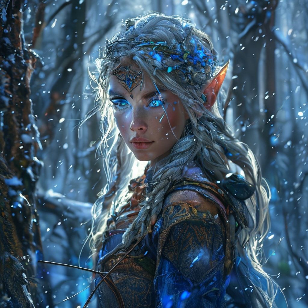 mystical young woman elf with silver hair and glowing blue eyes stands amidst an ancient, snow-laden forest, elven archer