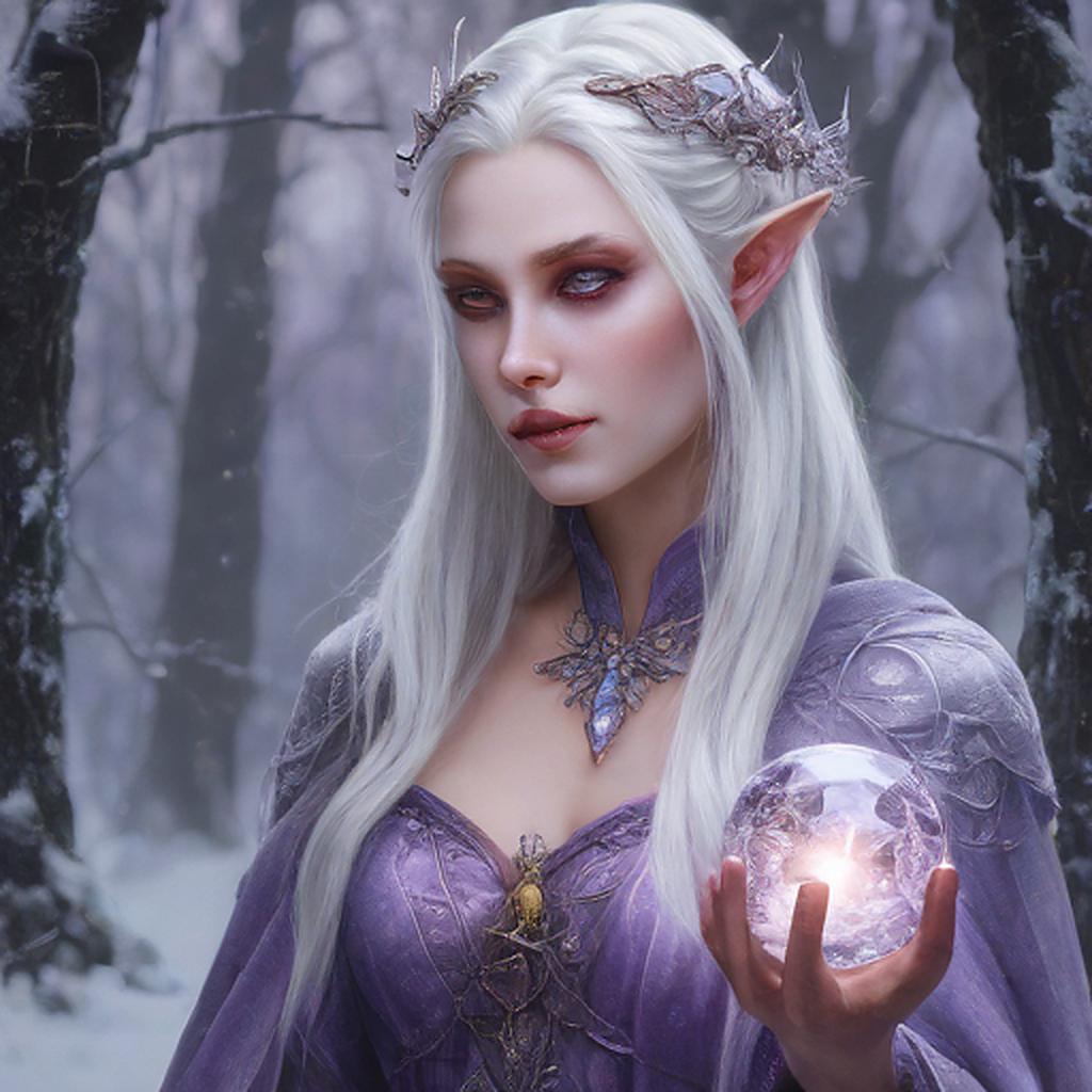 A delicate elven maiden with silver hair and luminous violet eyes stands poised in a frost-kissed enchanted forest, her breath visible in the crisp air as she gently cradles a glowing crystal orb. ...