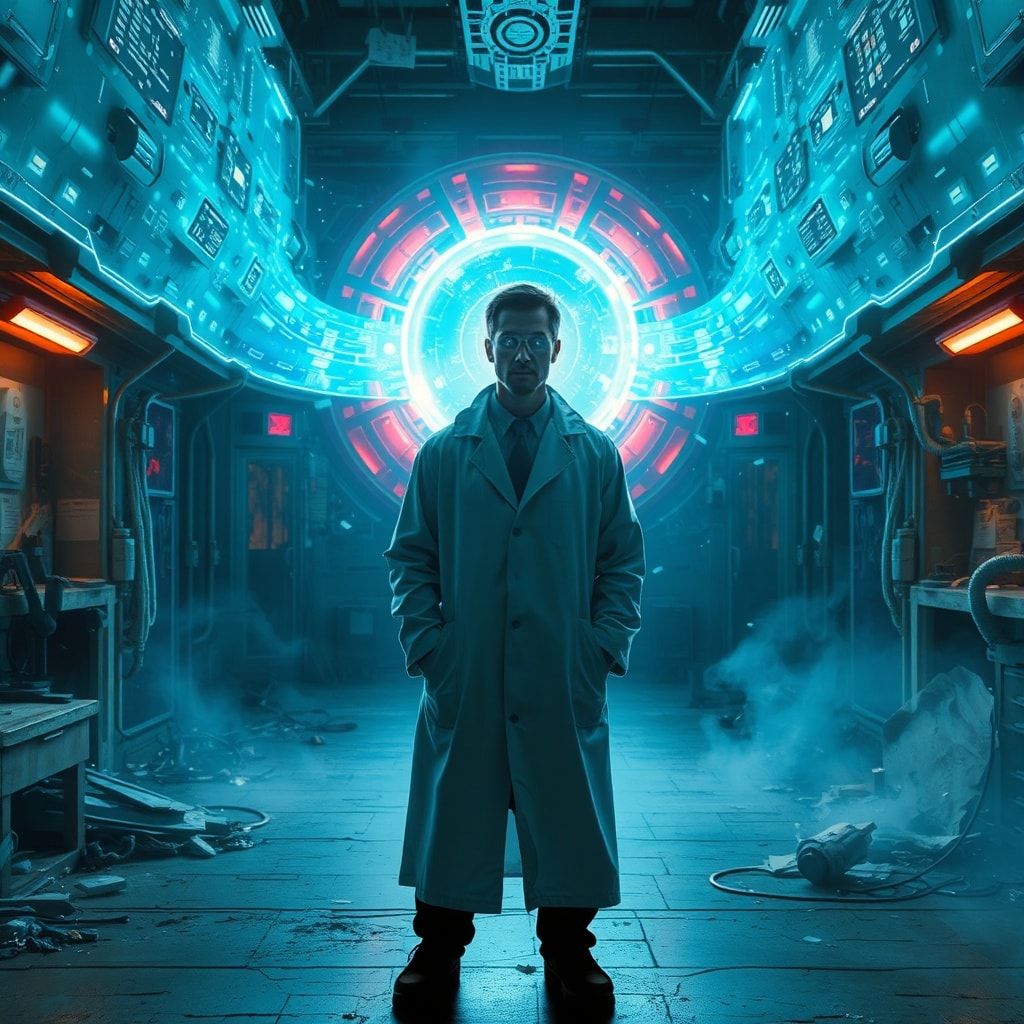 A lone scientist in a tattered lab coat stands before a flickering holographic portal, his face illuminated by eerie blue light, surrounded by floating data streams in a decaying, futuristic labora...