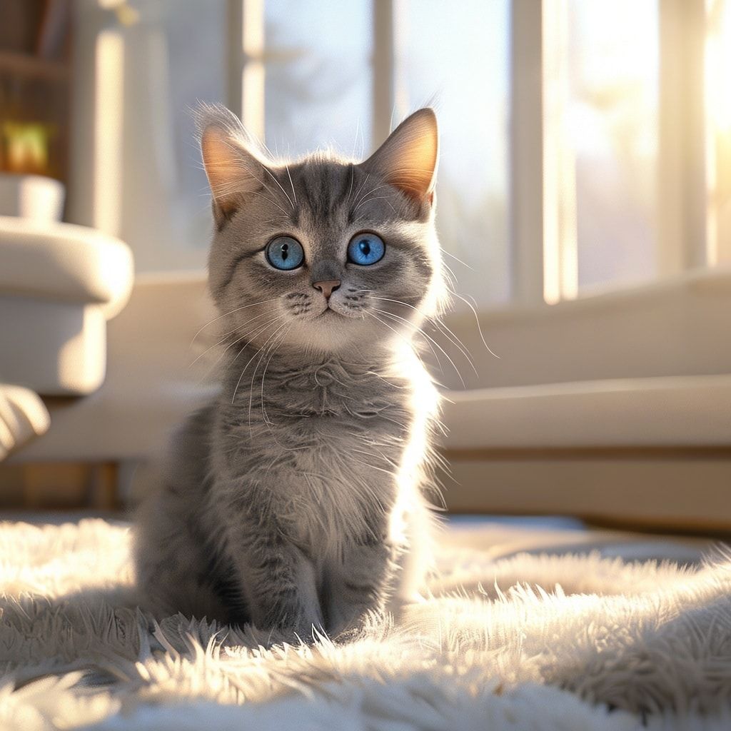 A cute, fluffy gray tabby cat with bright blue eyes, sitting on a soft, white carpet in a cozy living room with sunlight streaming through a window, looking directly at the viewer with a playful and friendly expression. Photorealistic style, high detail, vibrant colors, 4K resolution, 1024x1024 pixels.