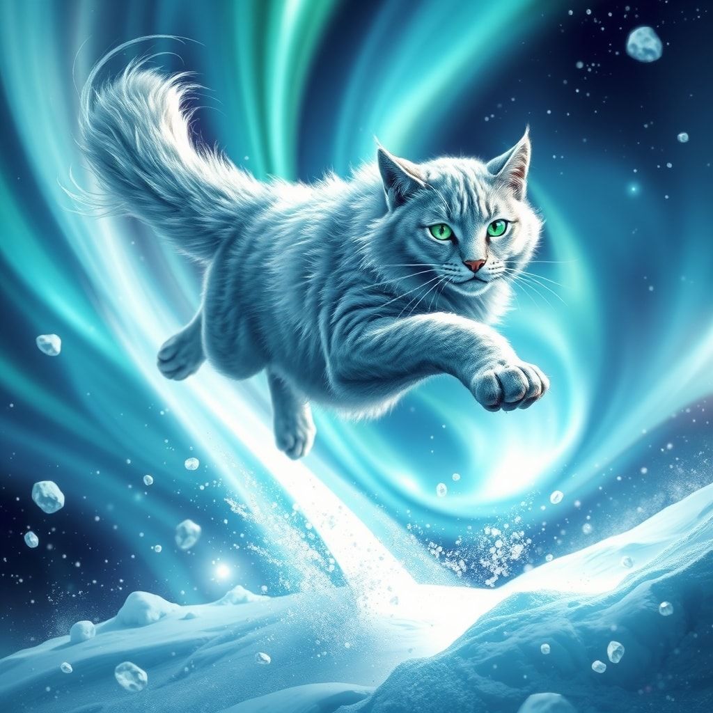 A majestic silver-furred feline with glowing emerald eyes leaps gracefully through a swirling aurora borealis, its tail trailing like a comet, surrounded by floating ice crystals and shimmering sno...