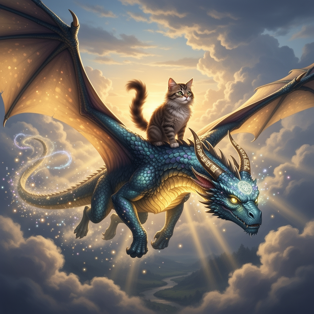 A high-fantasy illustration of a cat soaring through the sky, confidently perched on the back of a majestic, glowing dragon. The dragon has detailed, scaly skin and piercing, magical eyes. The cat has bright, expressive eyes and fluffy fur. They are flying against a dramatic, cloudy sky with sunlight streaming through, creating a sense of wonder and adventure. The scene is filled with magical sparkles and light effects, emphasizing the fantastical nature of their flight.