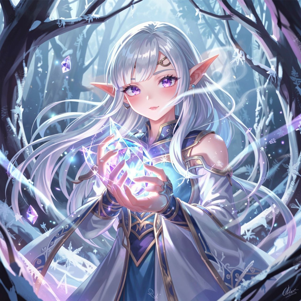 A delicate elven maiden with silver hair and luminous violet eyes stands poised in a frost-kissed enchanted forest, her breath visible in the crisp air as she gently cradles a glowing crystal orb. ...
