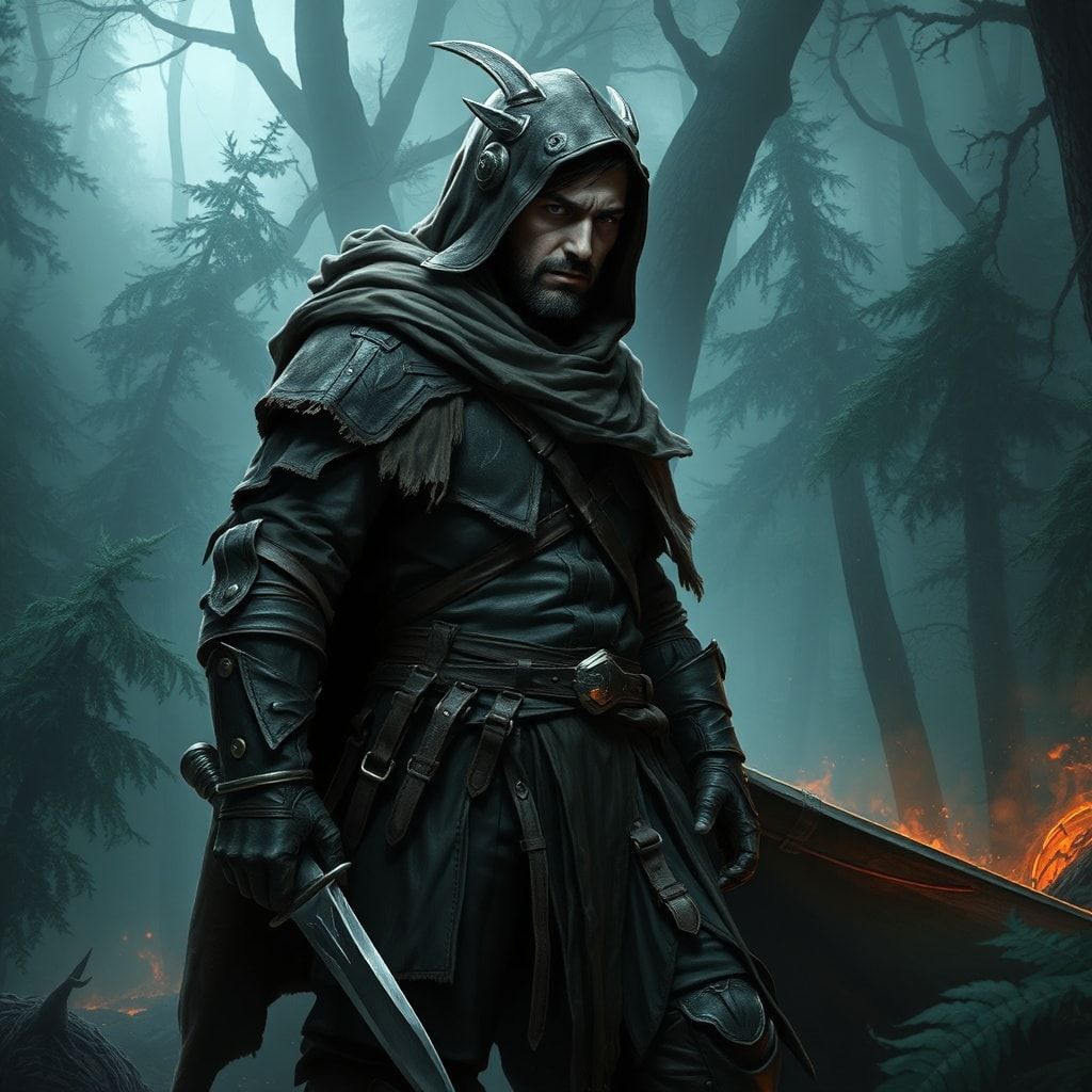 A lone fantasy warrior, clad in weathered leather armor and a tattered cloak, stands amidst a dense, mist-shrouded forest, his sword drawn, ready for battle. The forest is alive with eerie, glowing...