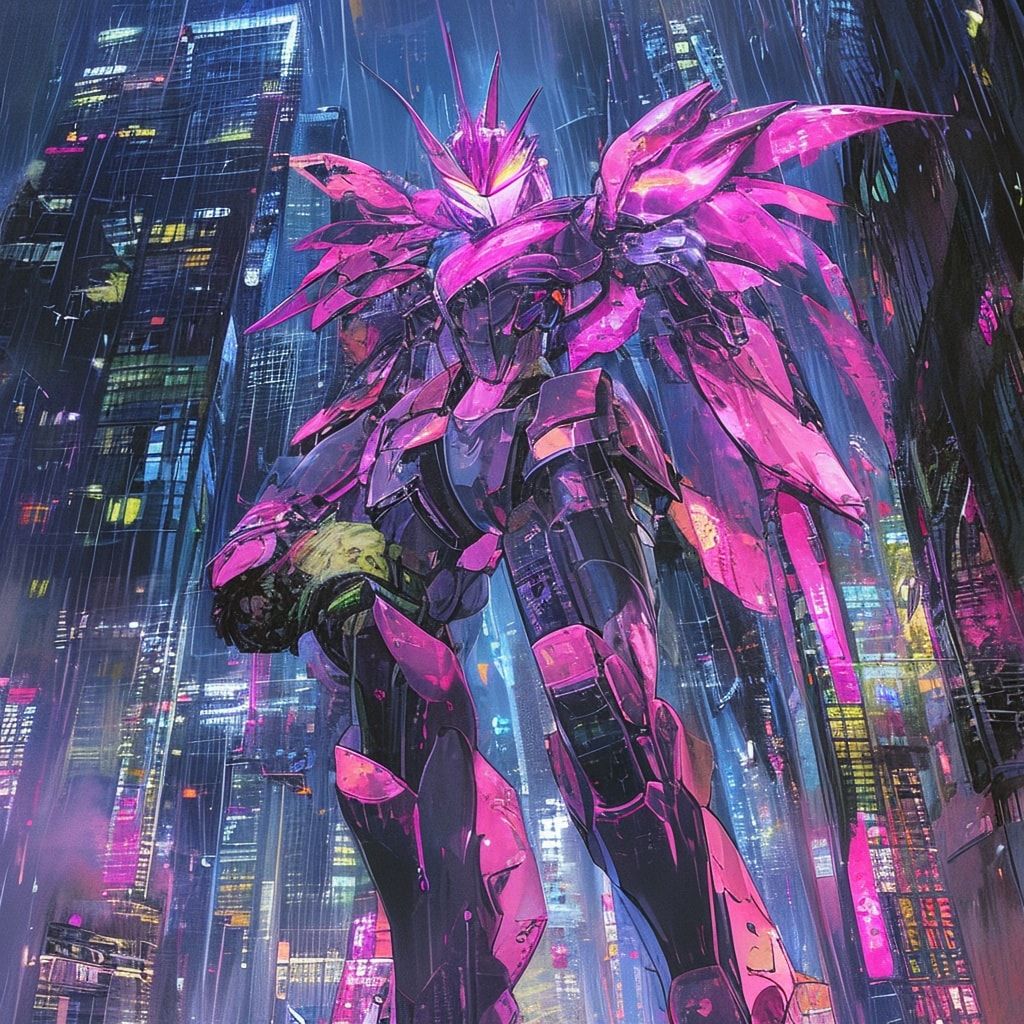 A delicate shoujo manga-style mecha with flowing, petal-like armor stands amidst a rain-soaked neon city, its glowing pink eyes reflecting shattered skyscrapers as it cradles a wounded enemy pilot ...