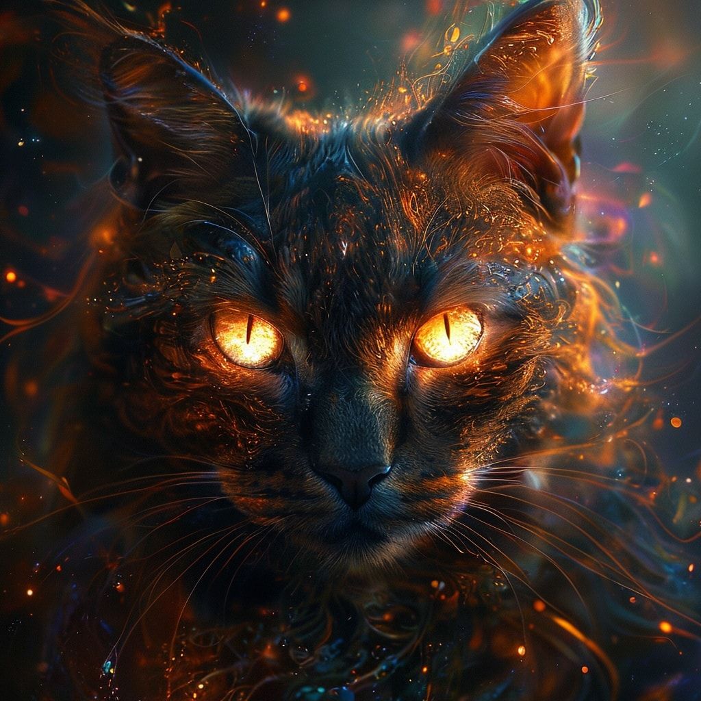 A majestic, fantasy cat with glowing eyes, intricate fur patterns, and a mystical, magical aura. Fantasy art style, highly detailed, photorealistic rendering, dramatic lighting, a sense of wonder and enchantment, centered composition, ethereal atmosphere, magical lighting, rich colors.