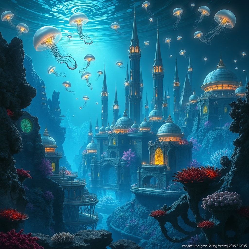 A sprawling underwater city of coral and glass domes, bathed in eerie bioluminescent light from glowing jellyfish and deep-sea creatures, with towering spires casting long shadows in the murky blue...