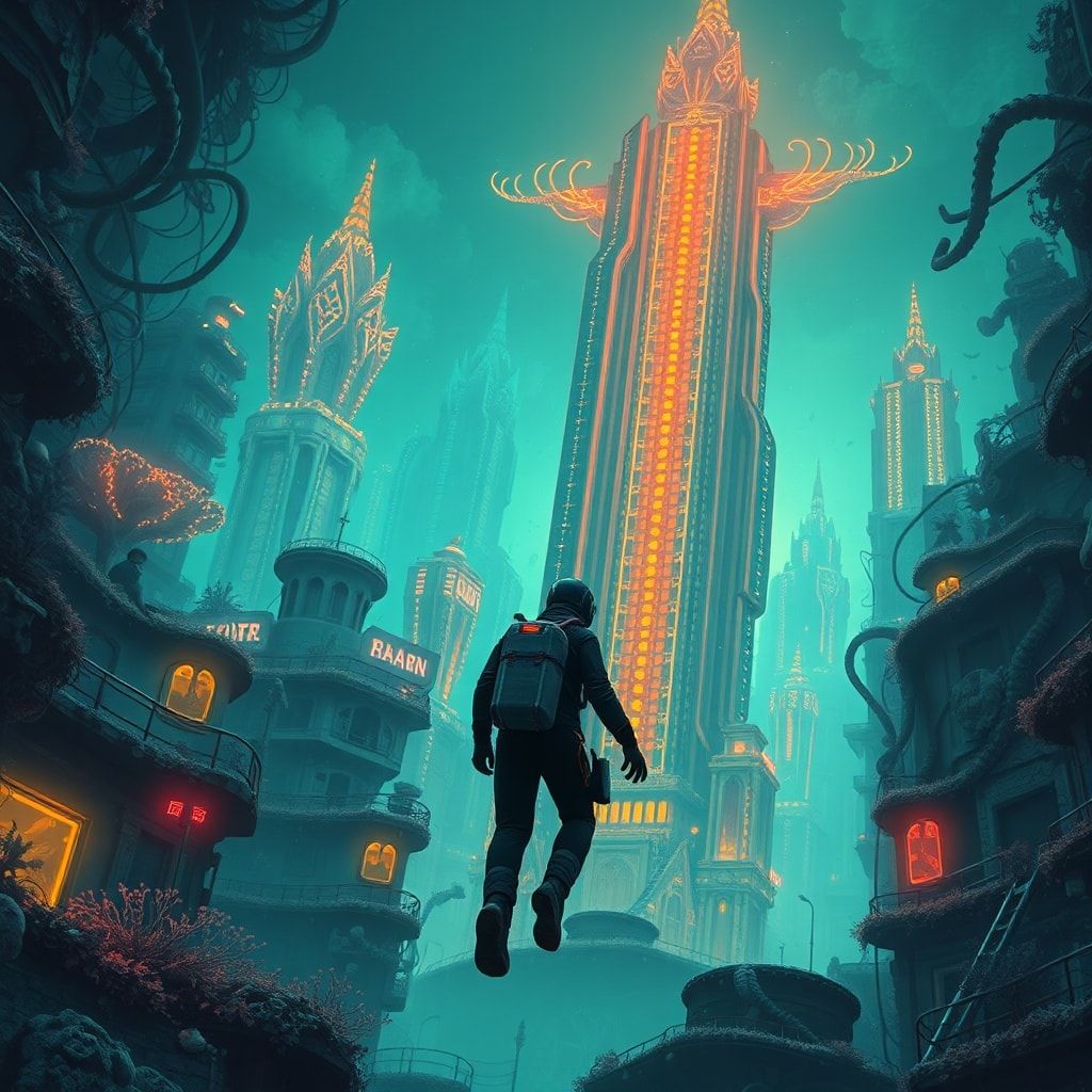 A lone deep-sea explorer in a high-tech diving suit navigates through the labyrinthine streets of an abandoned underwater metropolis, where towering coral skyscrapers pulse with an eerie biolumines...