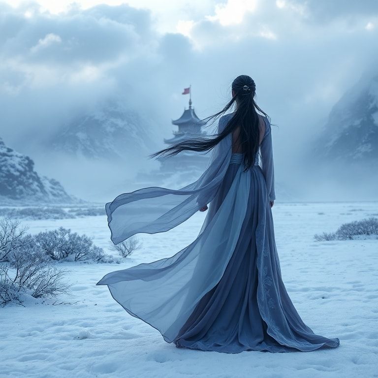 A cinematic fantasy scene inspired by ancient China: a graceful woman in an elegant, flowing Chinese fantasy robe stands alone in an icy valley. Frost and snow cover the ground, shimmering in cold blue light. In the distance, a majestic ancient Chinese castle rises through the mist, surrounded by towering snow-covered mountains. Winter wind moves her long hair and silk fabric, creating a sense of destiny and timeless power. The atmosphere is epic, mystical, and emotional, like a high-budget fantasy movie. Ultra-detailed, cinematic lighting, wide-angle shot, cold color palette, dramatic clouds, ethereal mood, 4K, film still, fantasy realism.