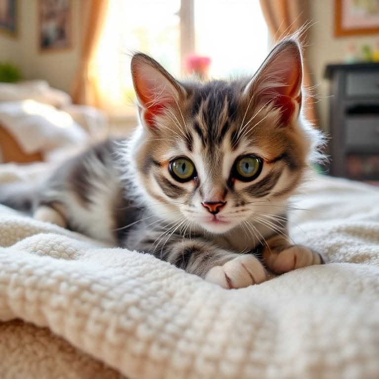 A cute cat lying on a soft blanket, looking at the camera with big, curious eyes. The cat has a fluffy gray and white coat. The background is a cozy, warm room with sunlight streaming in.