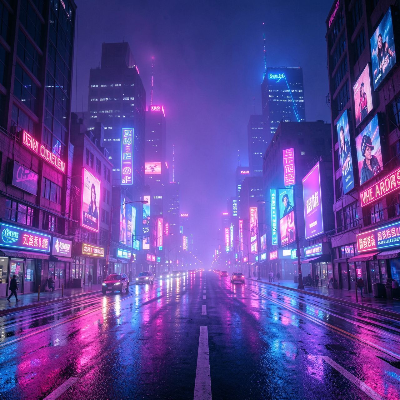 A cinematic synthwave cyberpunk city at night: endless neon-lit roads stretch through a futuristic metropolis. Skyscrapers glow with pink, purple, and electric blue lights, disappearing into thick violet-blue fog. Wet asphalt reflects neon signs and holographic billboards, creating a dreamlike, retro-futuristic atmosphere. The city feels vast, lonely, and epic, like the fall of a digital world. Strong synthwave aesthetics, 80s cyberpunk mood, glowing lights, neon haze, wide-angle perspective, cinematic lighting, retro-futurism, ultra-detailed, high contrast, album cover, 4K.