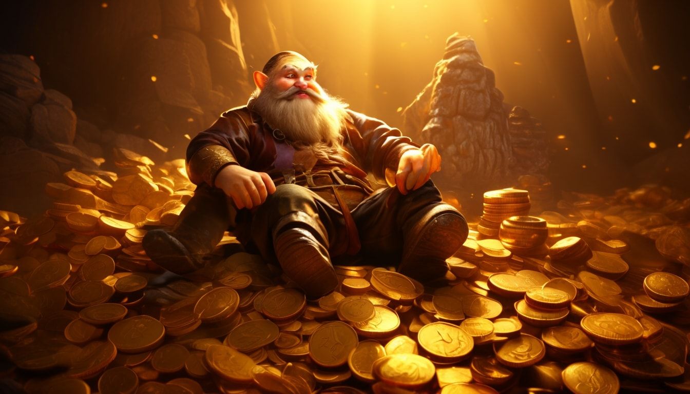 A dwarf sitting on a pile of gold coins, realistic style, warm lighting, detailed textures, high quality, 1920x1080 resolution