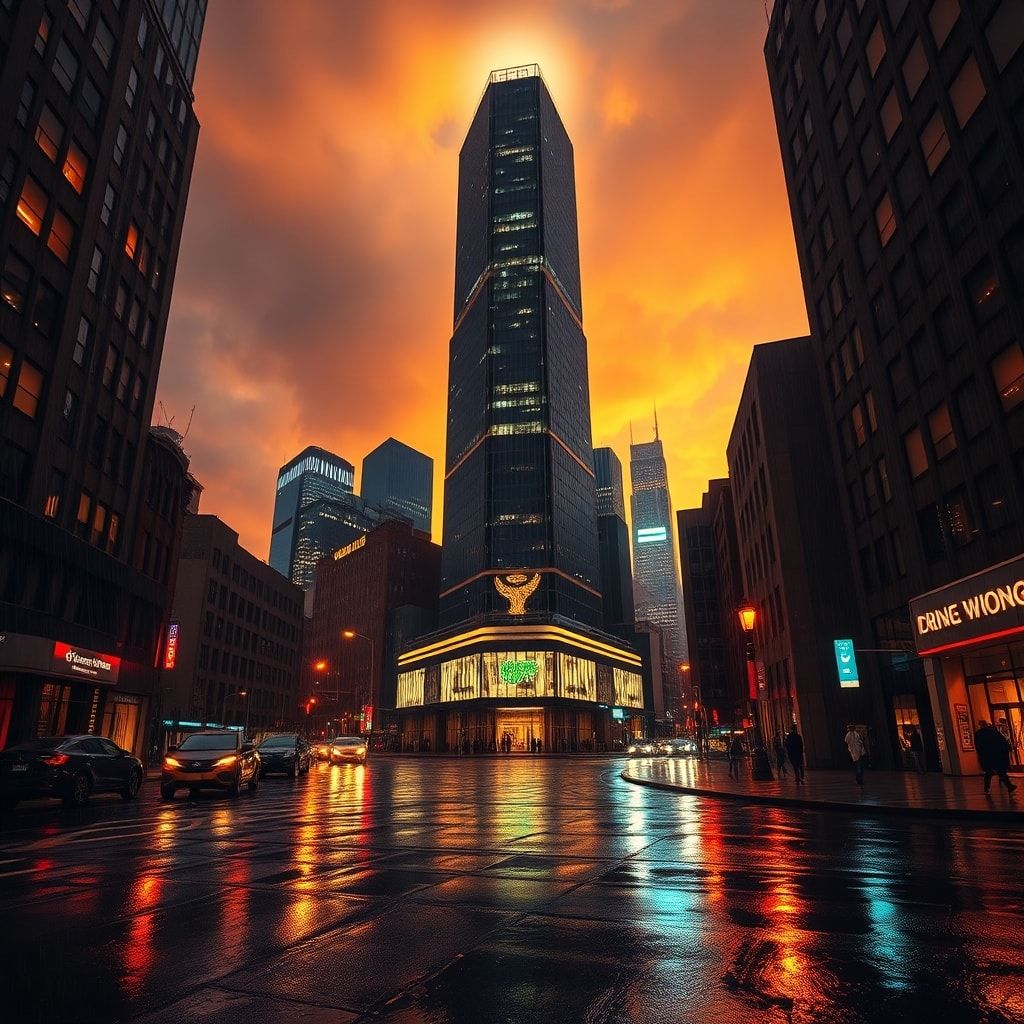 A towering skyscraper looms over a rain-slicked city at golden hour, its neon-lit windows casting jagged reflections on wet pavement, bathed in high-contrast noir lighting with deep shadows and a s...