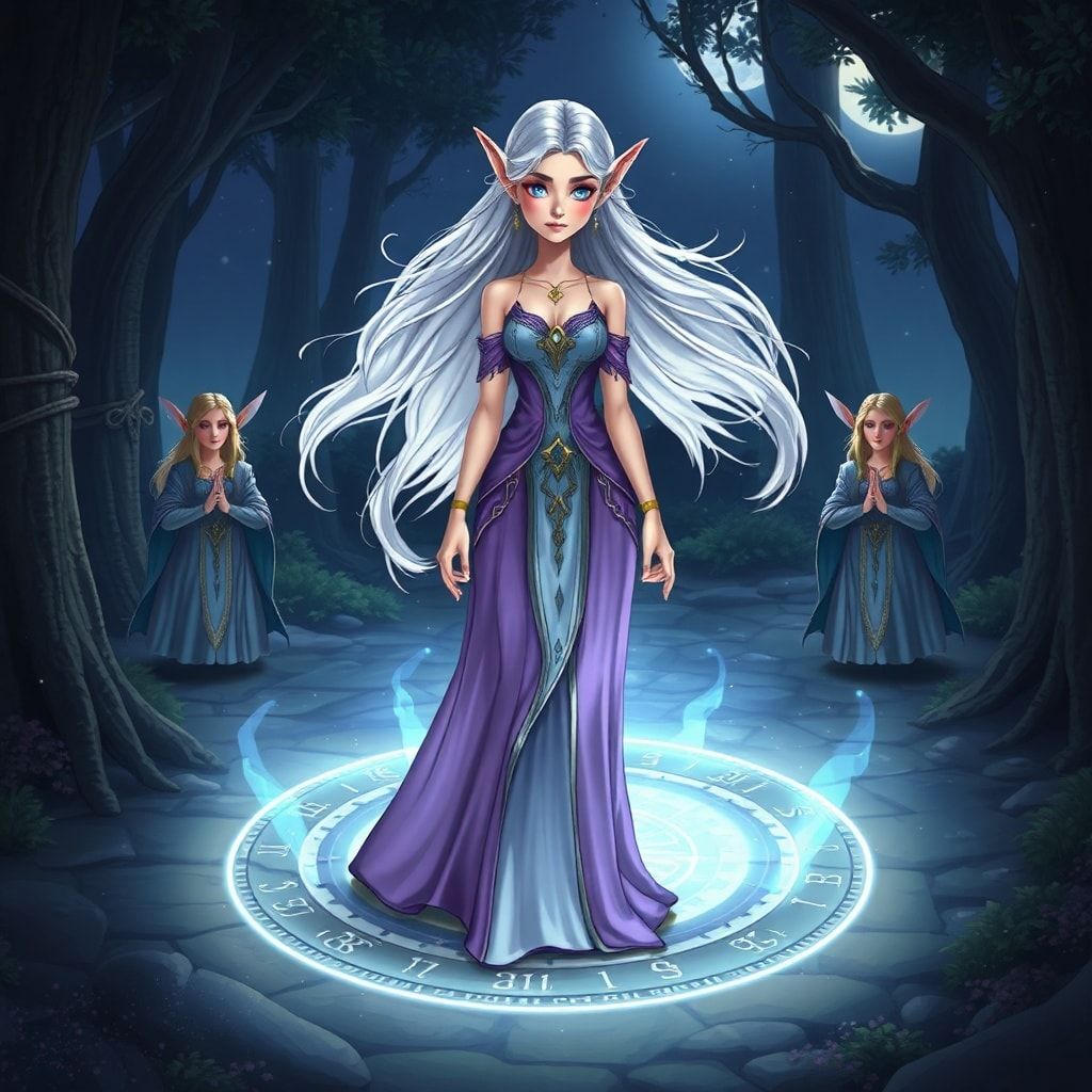 Elven magic circle ritual fantasy scene, beautiful elven maiden with long flowing silver hair standing inside a glowing magical circle, elegant elven woman in a flowing violet and silver dress with a serene expression, ancient runes and symbols forming a luminous circle on the ground, protective ward rising like a dome of light, other elven figures joining hands at the circle edge, sacred grove at night, soft moonlight and mystical particles, cinematic composition, cartoon style, anime art style, fantasy art style, mystical and protective mood, detailed and atmospheric, ethereal beauty, animated style, vibrant colors, cartoon style
