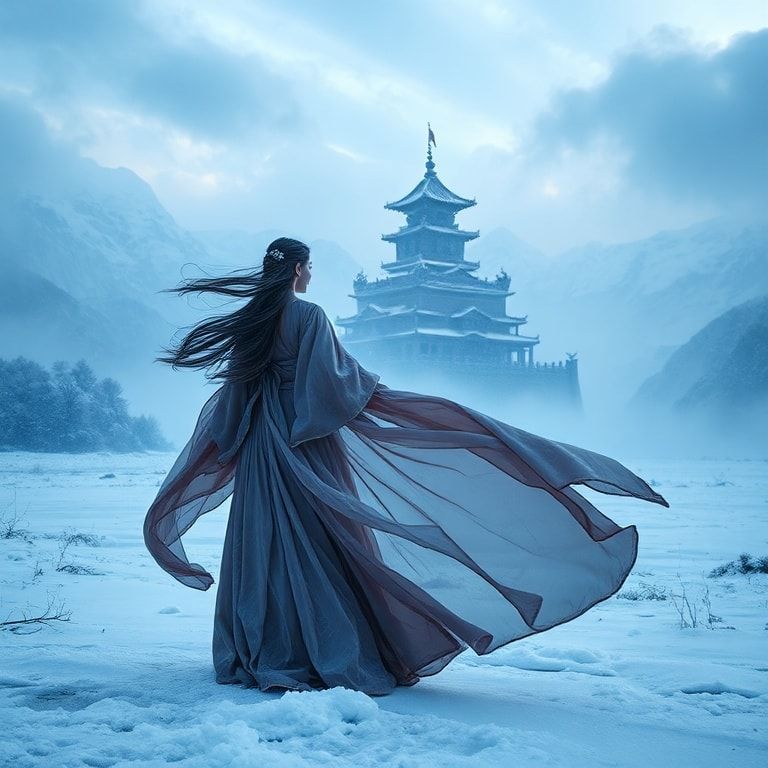 A cinematic fantasy scene inspired by ancient China: a graceful woman in an elegant, flowing Chinese fantasy robe stands alone in an icy valley. Frost and snow cover the ground, shimmering in cold blue light. In the distance, a majestic ancient Chinese castle rises through the mist, surrounded by towering snow-covered mountains. Winter wind moves her long hair and silk fabric, creating a sense of destiny and timeless power. The atmosphere is epic, mystical, and emotional, like a high-budget fantasy movie. Ultra-detailed, cinematic lighting, wide-angle shot, cold color palette, dramatic clouds, ethereal mood, 4K, film still, fantasy realism.