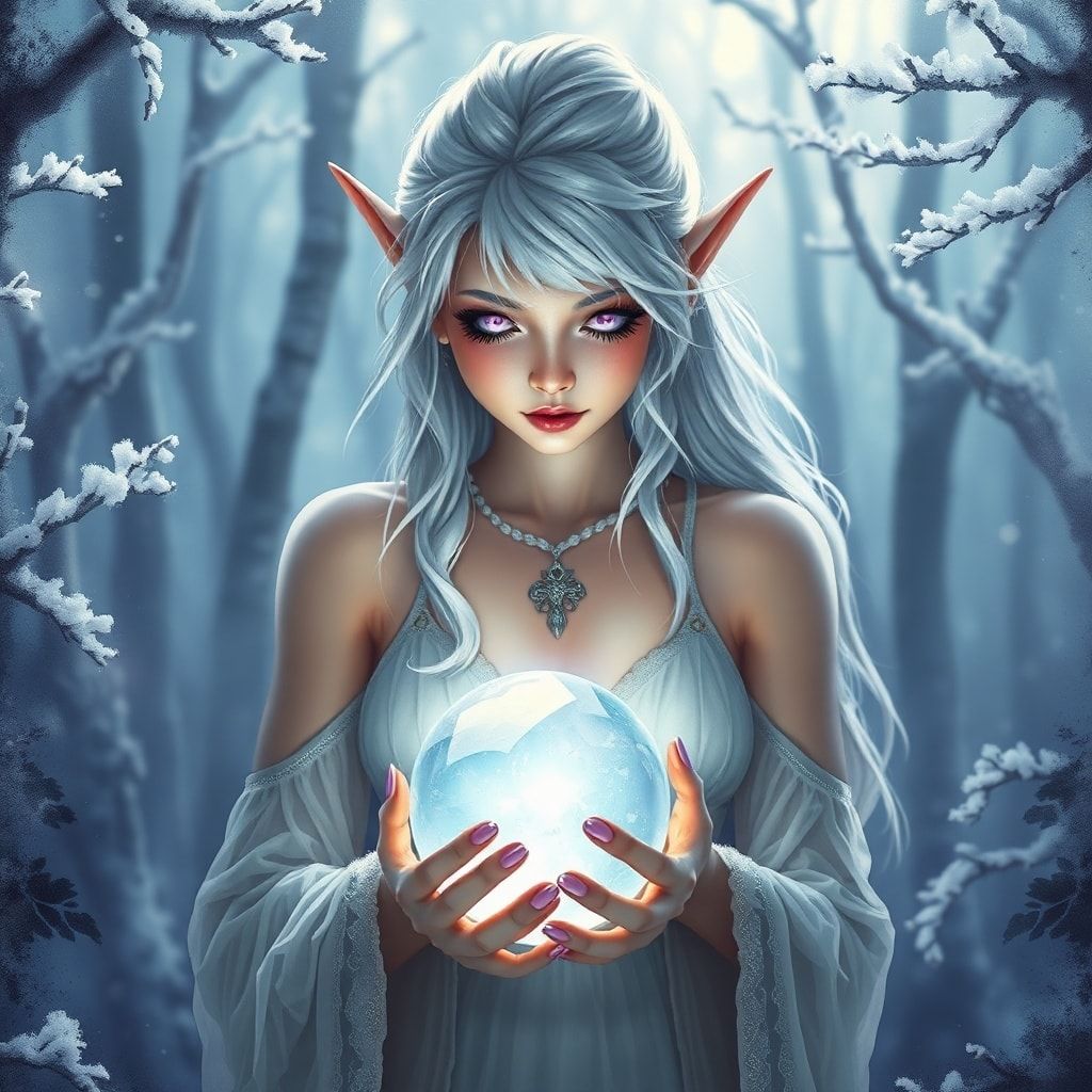 A delicate elven maiden with silver hair and luminous violet eyes stands poised in a frost-kissed enchanted forest, her breath visible in the crisp air as she gently cradles a glowing crystal orb. ...
