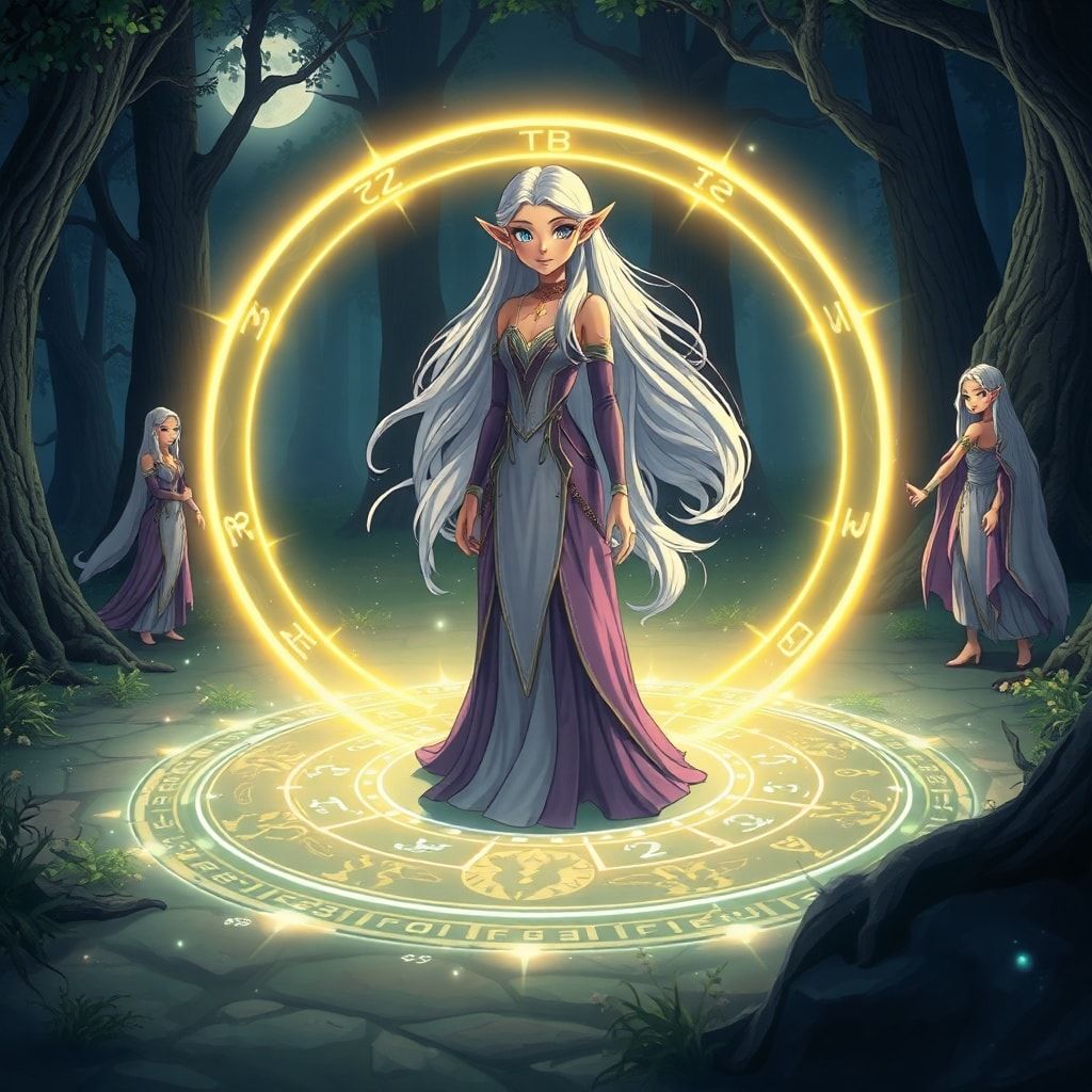 Elven magic circle ritual fantasy scene, beautiful elven maiden with long flowing silver hair standing inside a glowing magical circle, elegant elven woman in a flowing violet and silver dress with a serene expression, ancient runes and symbols forming a luminous circle on the ground, protective ward rising like a dome of light, other elven figures joining hands at the circle edge, sacred grove at night, soft moonlight and mystical particles, cinematic composition, cartoon style, anime art style, fantasy art style, mystical and protective mood, detailed and atmospheric, ethereal beauty, animated style, vibrant colors, cartoon style
